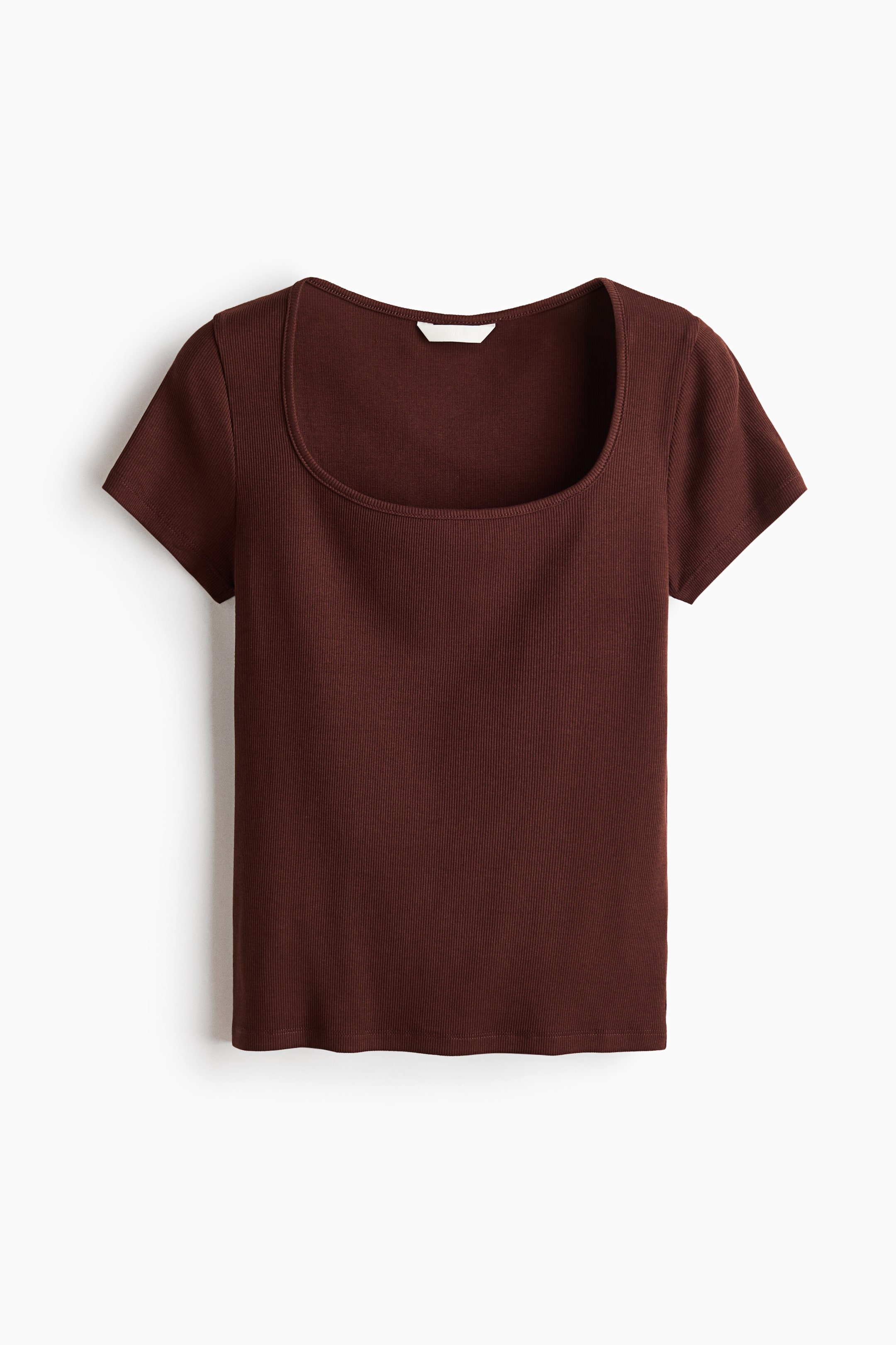 View larger image: A brown ribbed top with a square neckline and short sleeves is showcased from the front. A white clothing tag is visible at the back of the neck.