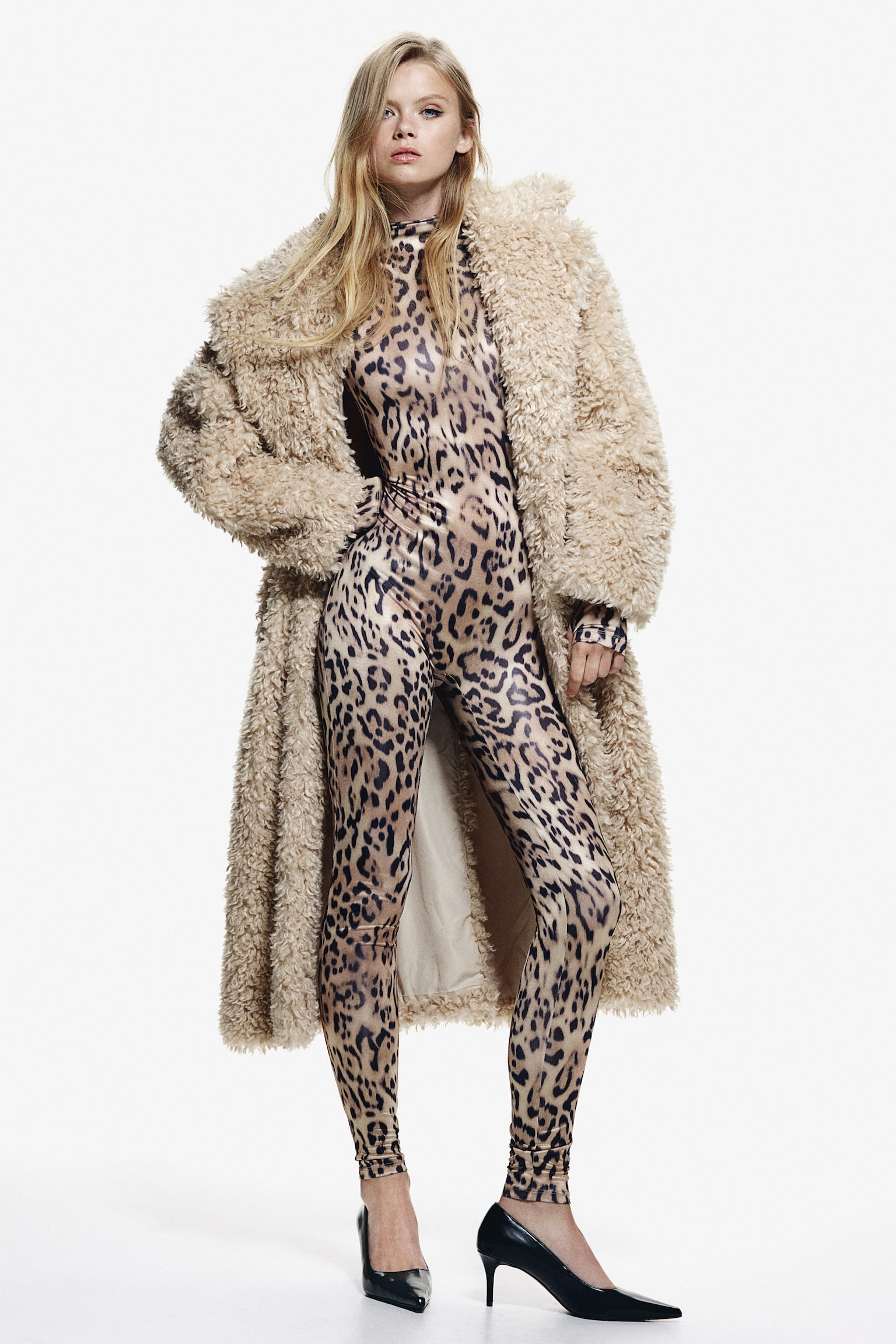 Long-sleeved unitard - Beige/Leopard print/Black - 1