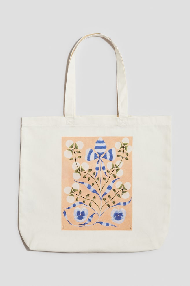 Printed canvas tote bag - White/Flowers - 1