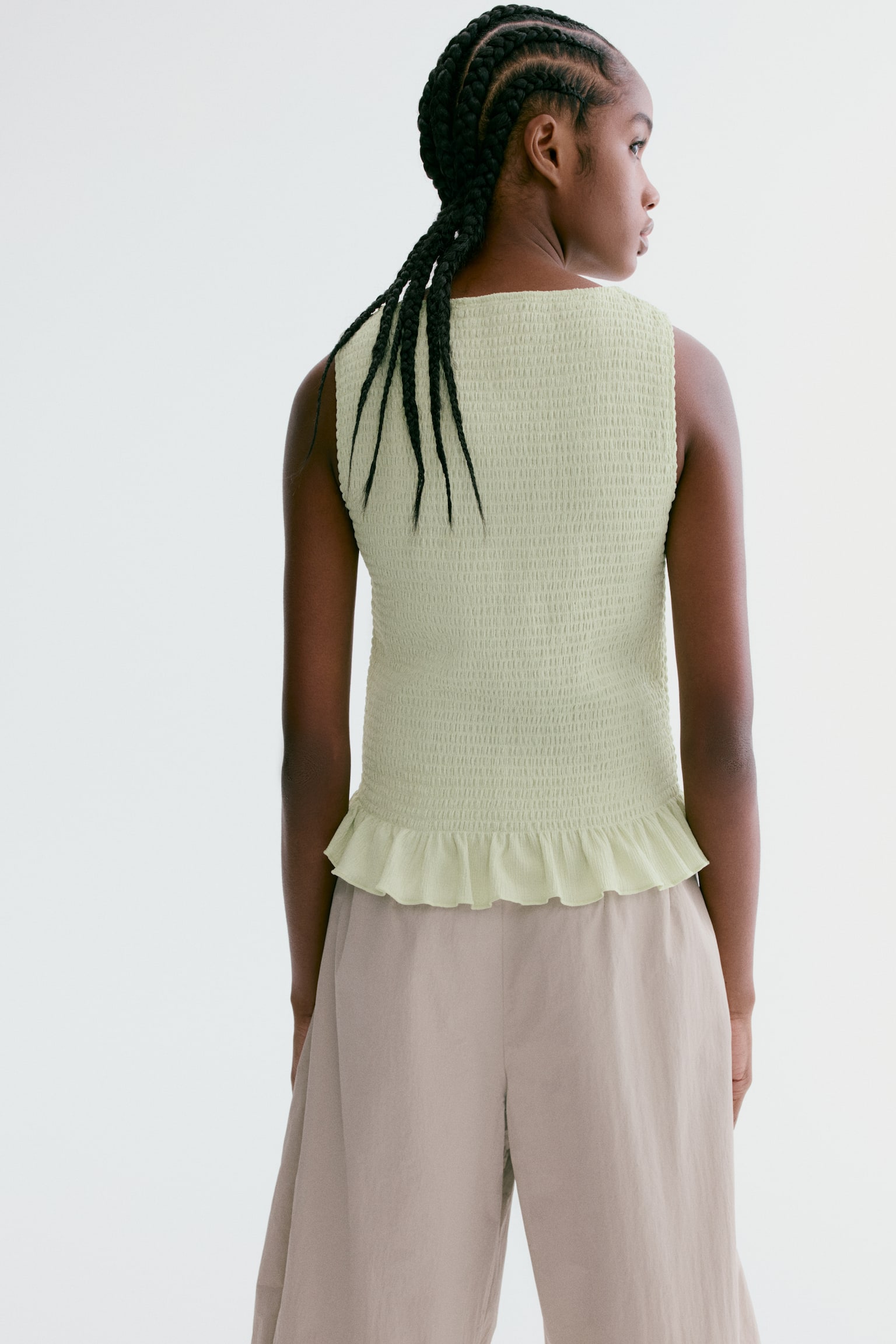 Smocked boat-neck top - Pistachio green/Light beige - 4