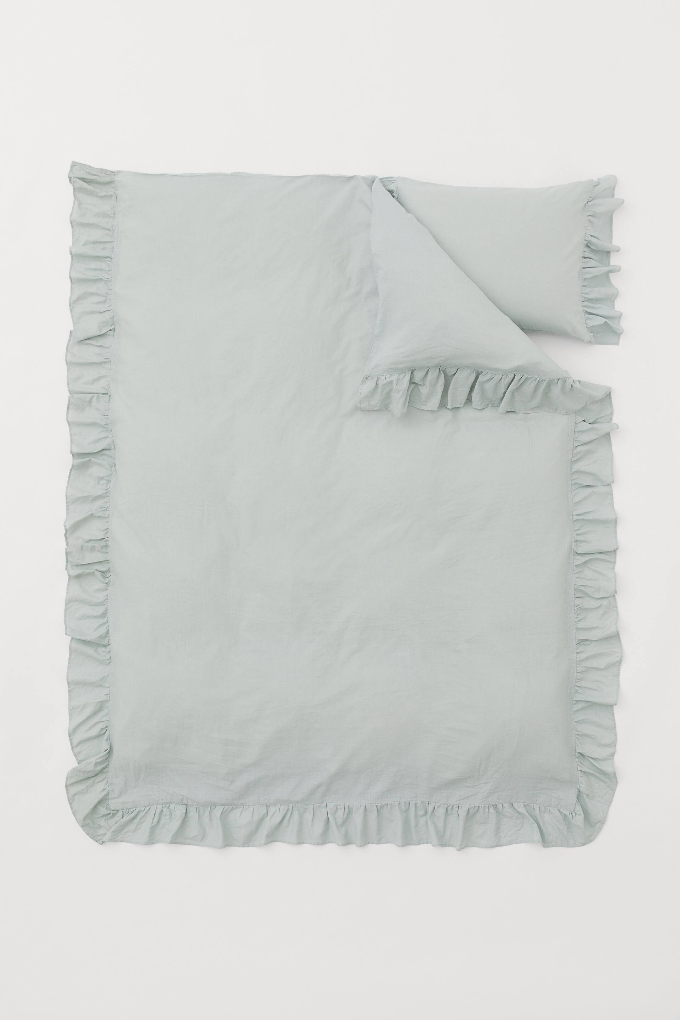 Flouncetrimmed single duvet cover set Light green Home All H&M GB