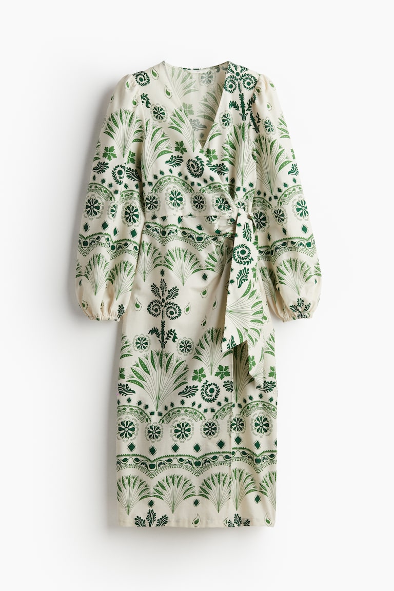 Robe portefeuille en coton Crème/motif vert FEMME H&M BE