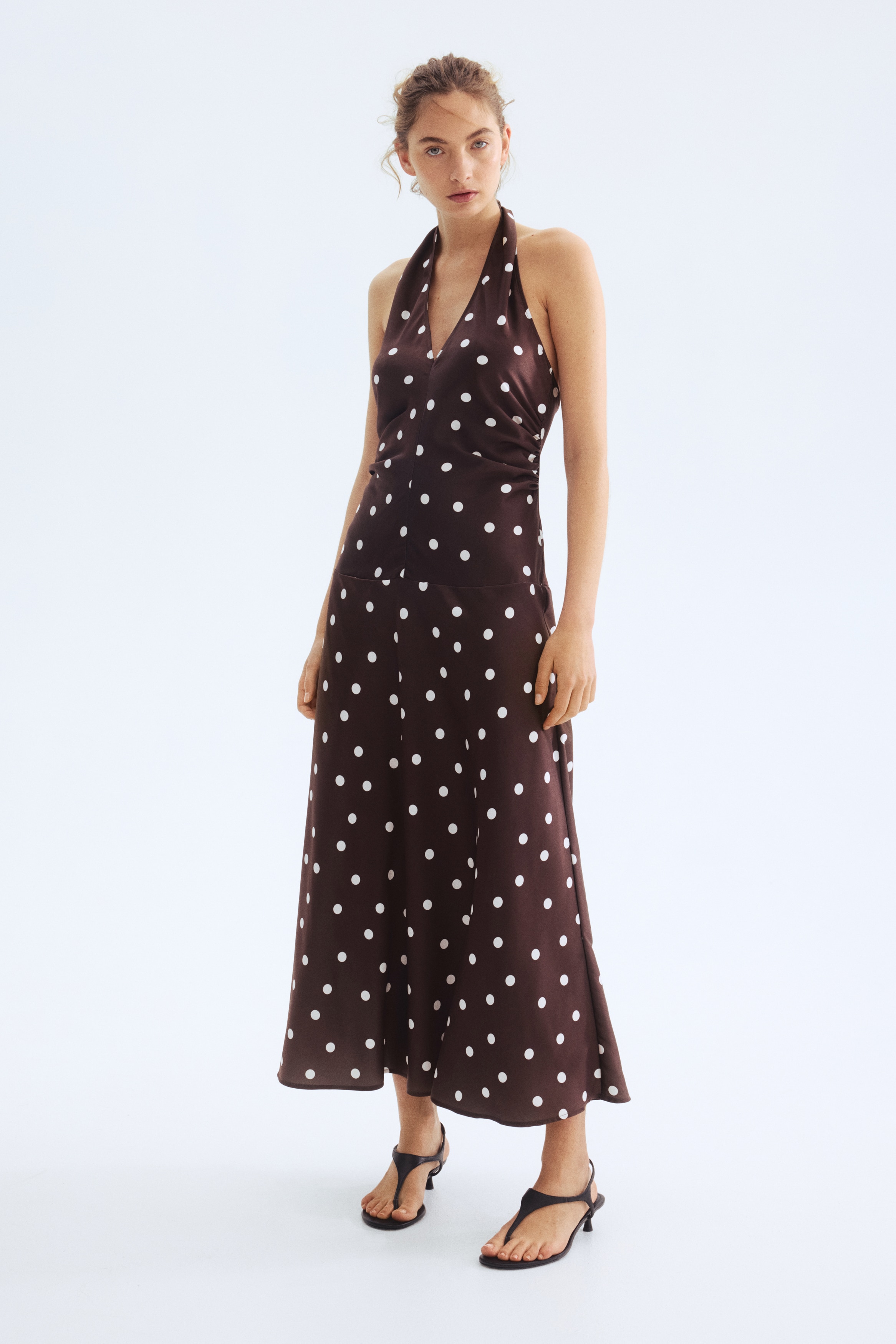 brown and white polka dot halter dress Brown Polka Dot Halter Ruched Maxi Dress