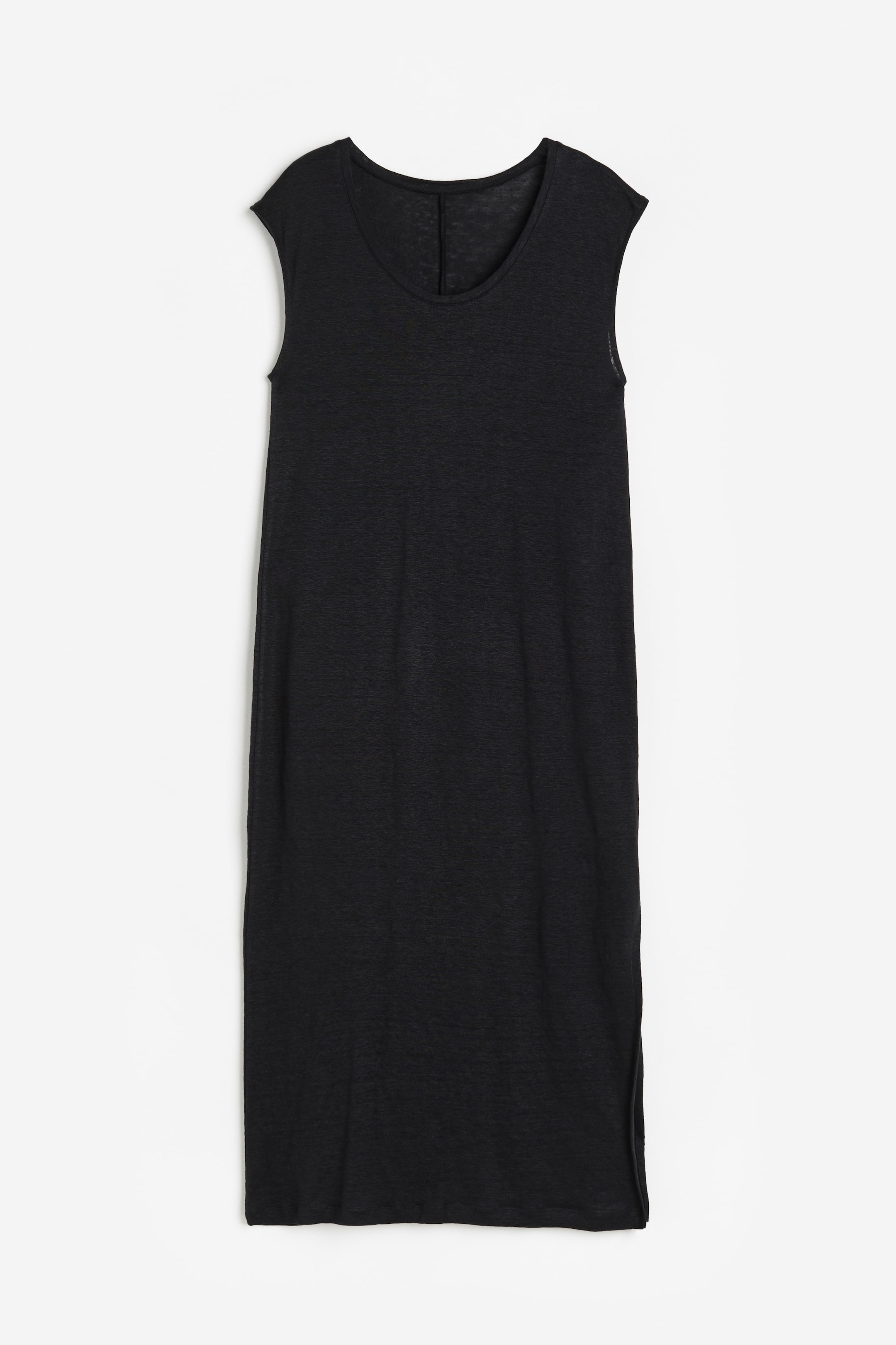 Linen Jersey Dress - Low-cut Neckline - Short sleeve - Black - Ladies ...