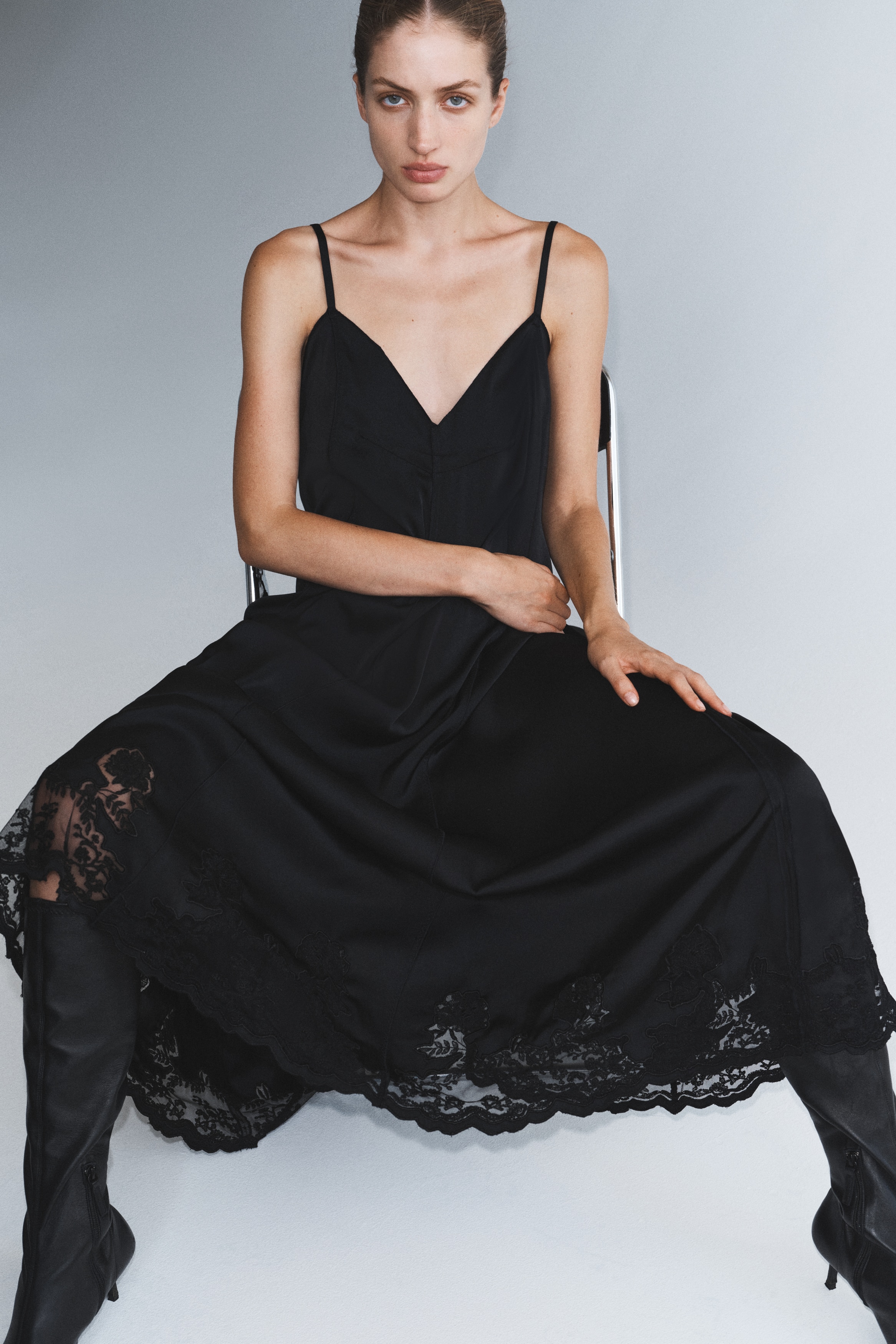 Women's Black Lace-Inset Satin Dress | H&M US
