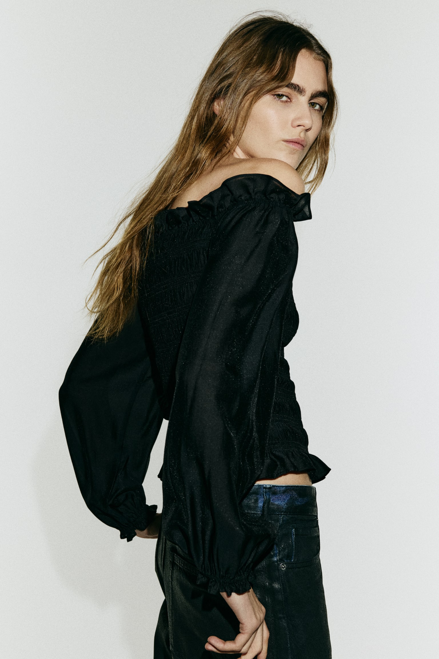 Smocked off-the shoulder blouse - Black/Plum purple - 4