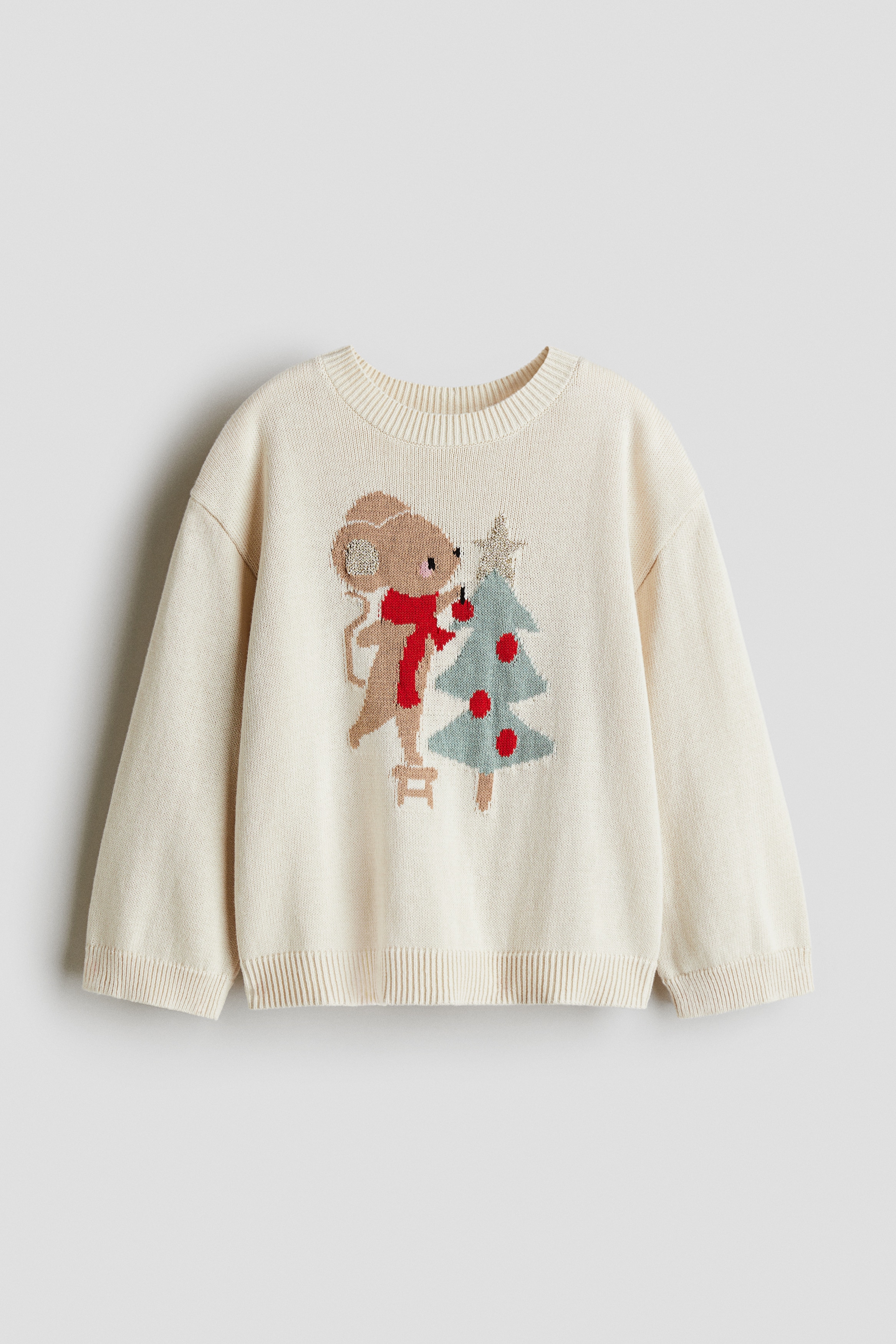 Fille - Pull jacquard en coton Beige clair/souris de Noël - Size: 98/104 (2-4Y)  - H&M