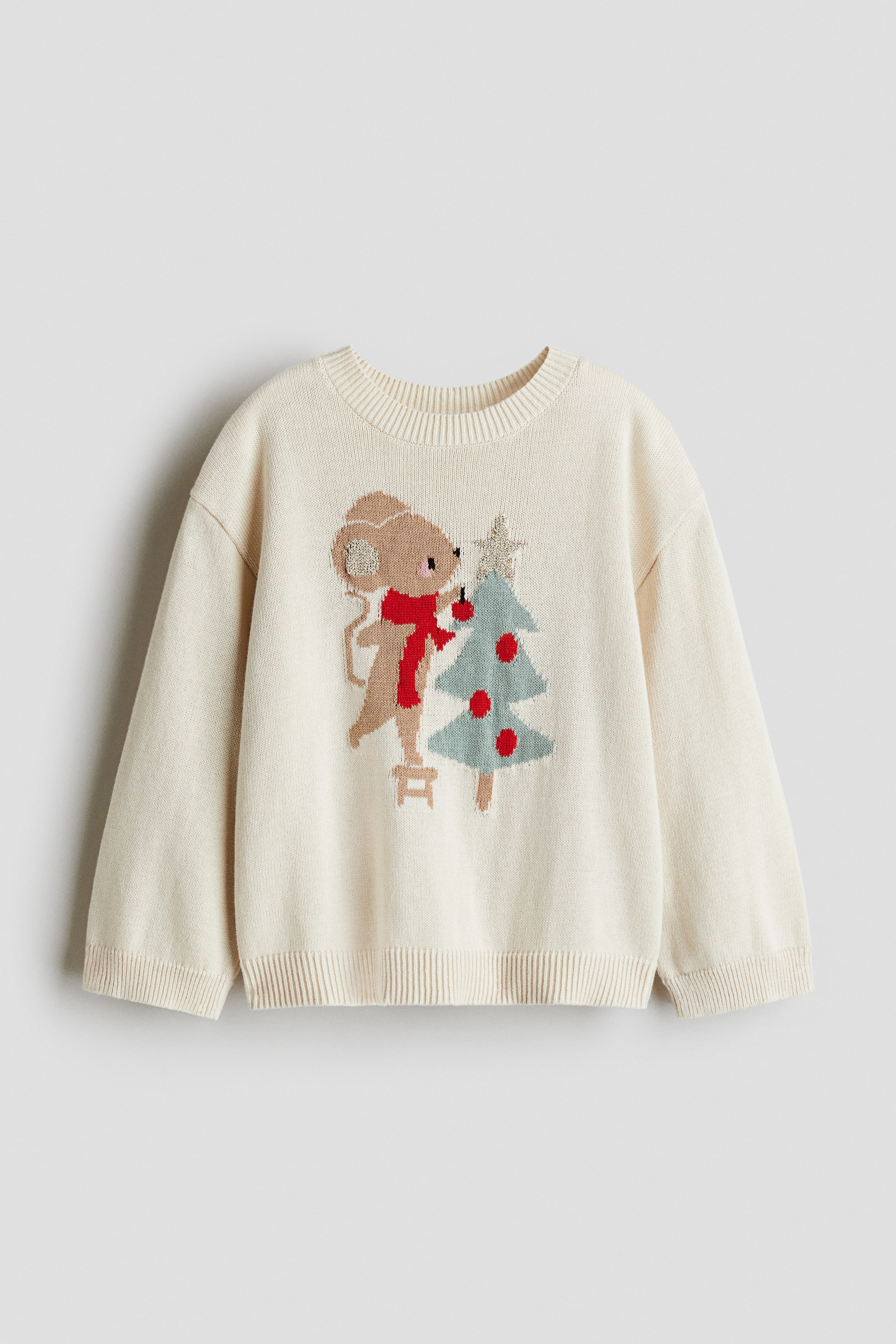 Grotere afbeelding bekijken: Jacquardgebreide katoenen trui - Lichtbeige/kerstmuis - KINDEREN | H&M NL 1