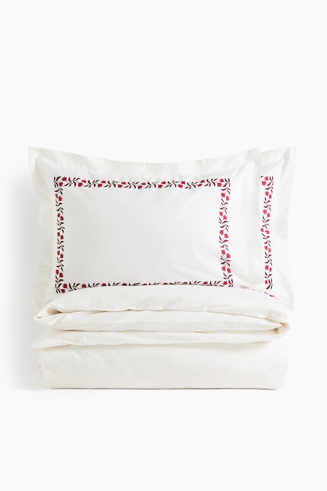 Cotton double/king duvet cover set - White/Flowers - 1