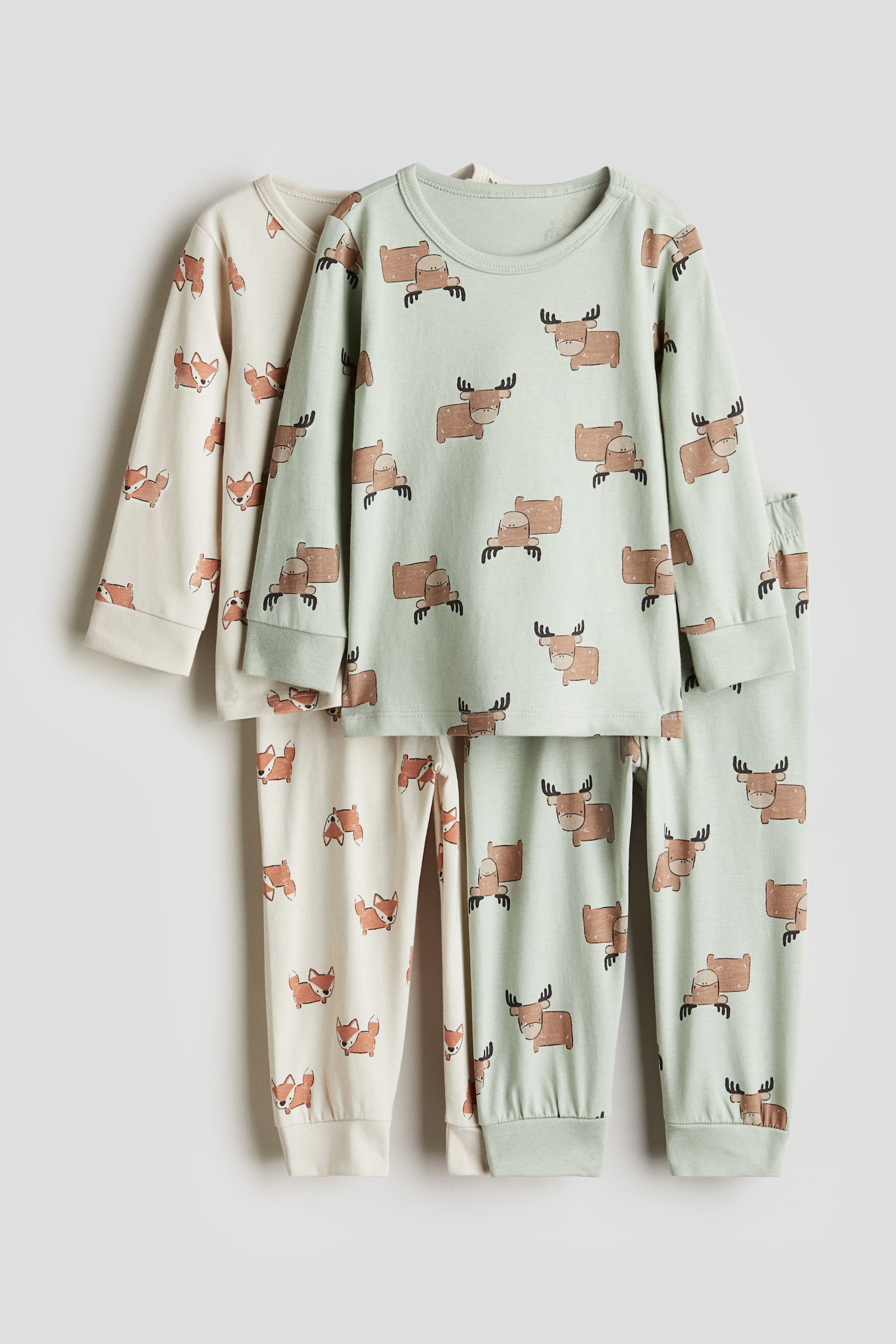 2-pack printed cotton pyjamas - Light dusty green/Animals/Dark grey/Dogs/White/Deer fawns/Light beige/Patterned - 1