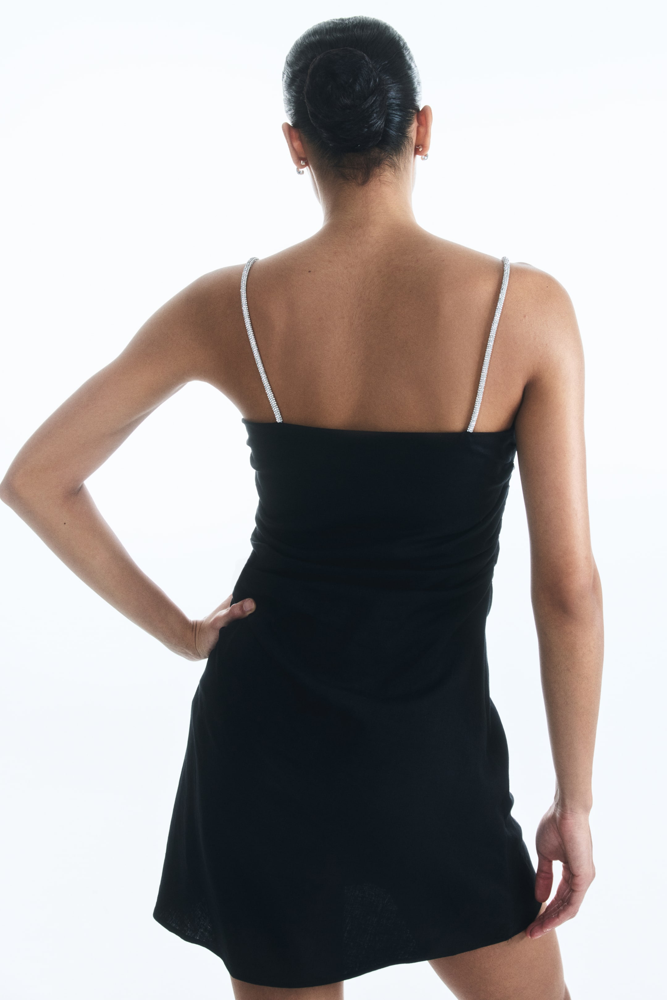 View larger image: Linen-blend rhinestone-strap dress - Black - Ladies | H&M AU 5