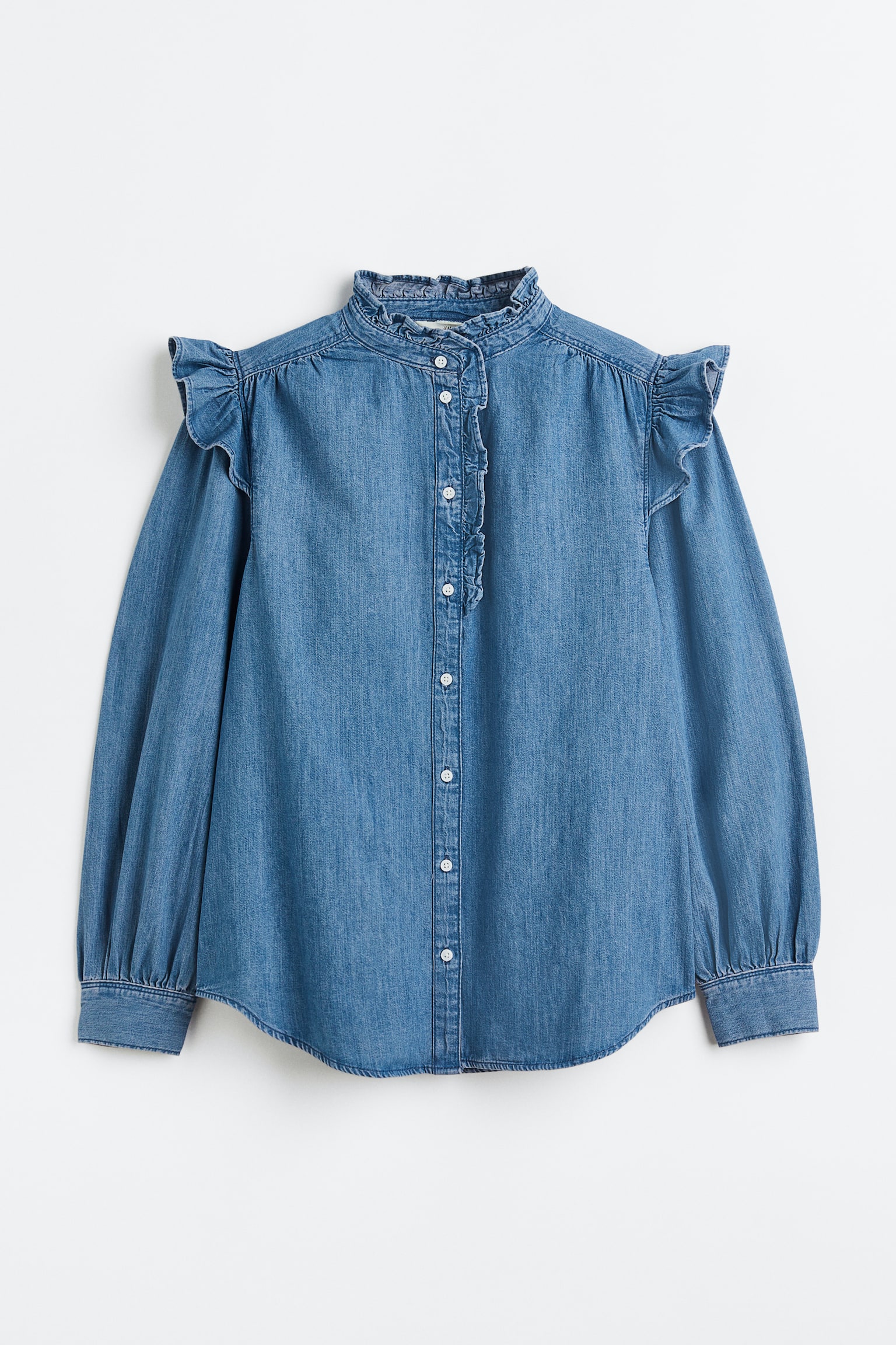 Frill Trim Denim Blouse - Denim blue - 1