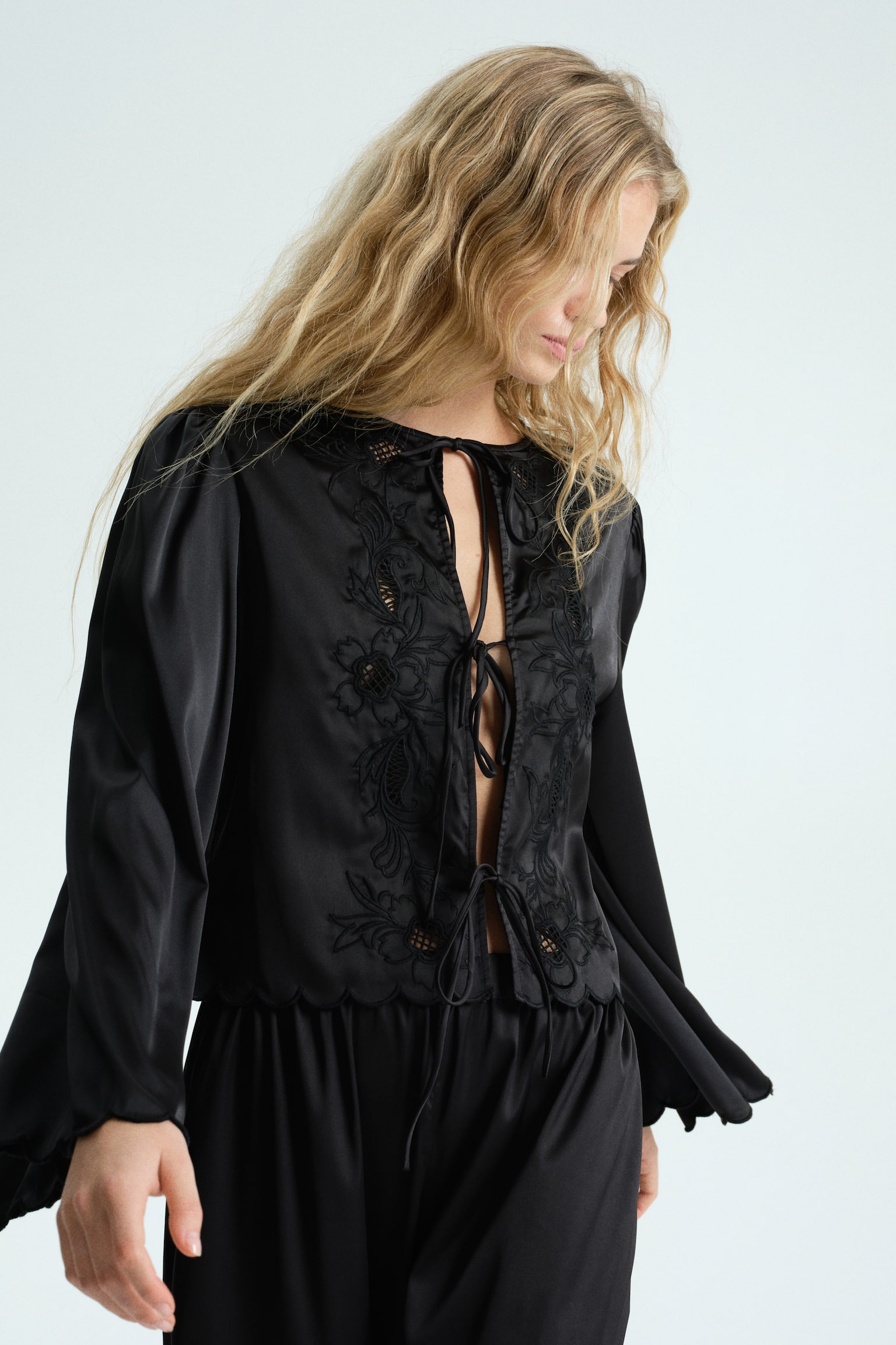 Tie-front satin blouse - Black - 2