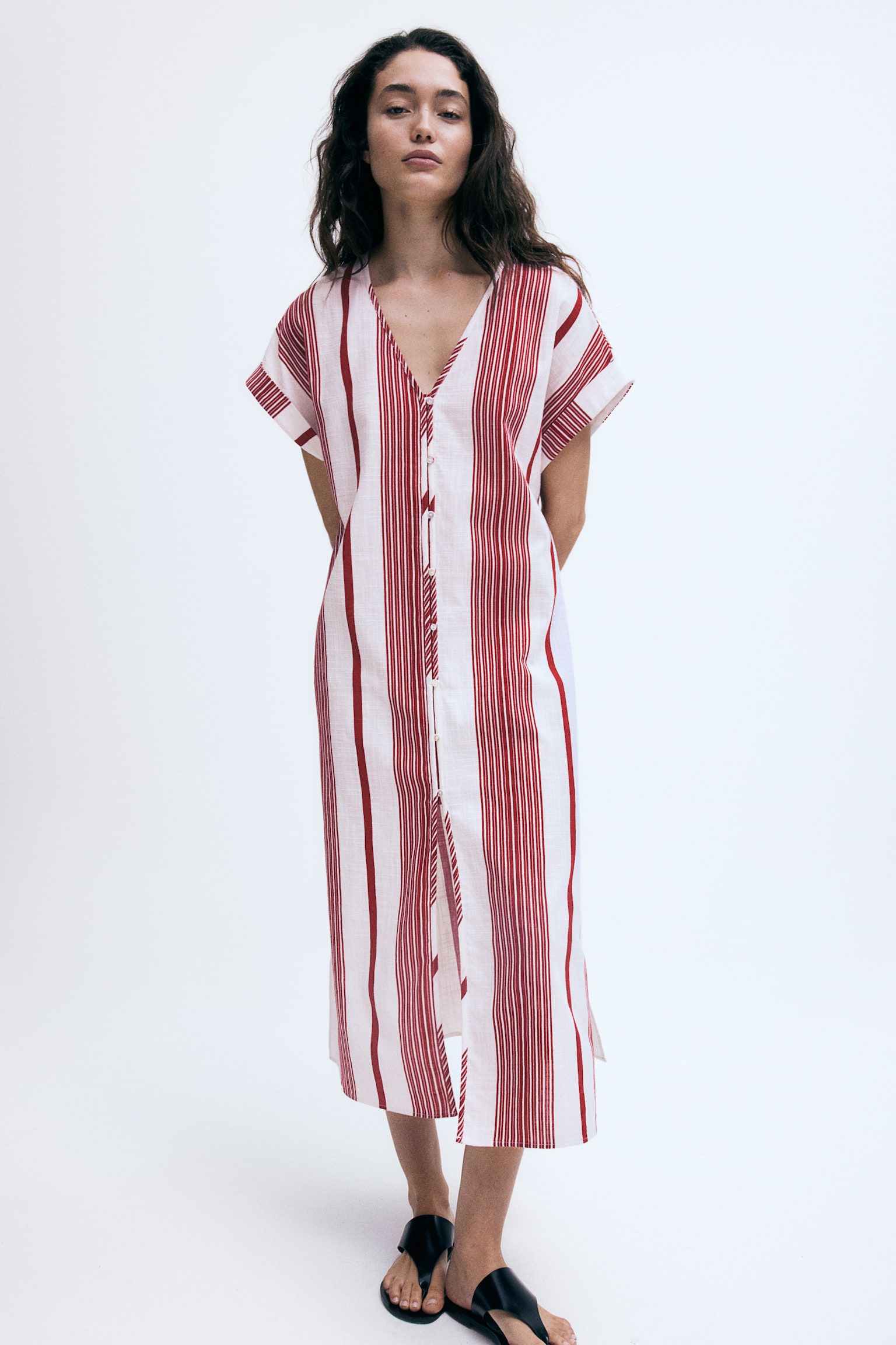 Button Front Crêpe Dress - White/Red stripe/White/Blue stripe - 1