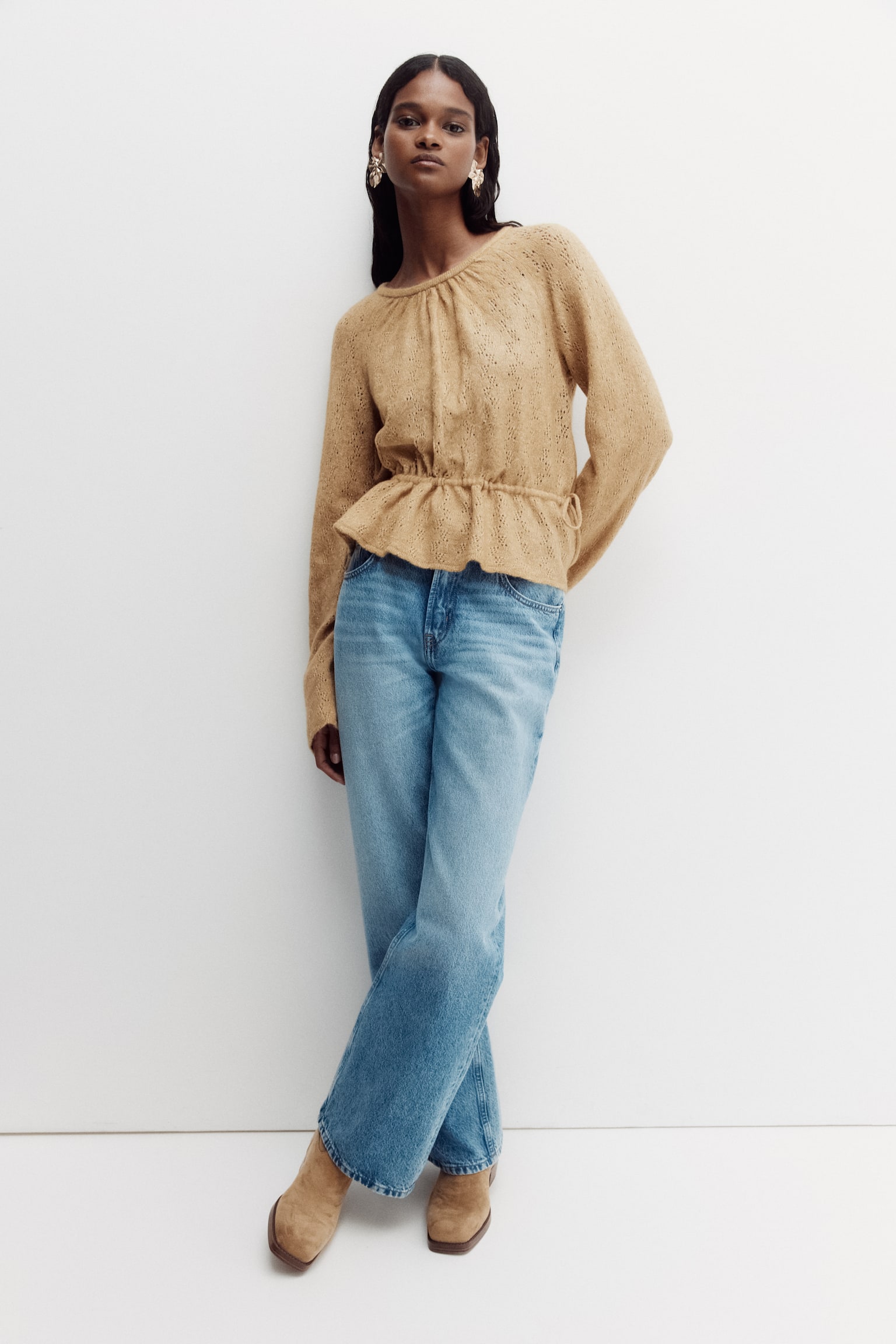 Pointelle-knit peplum top - Beige - 6