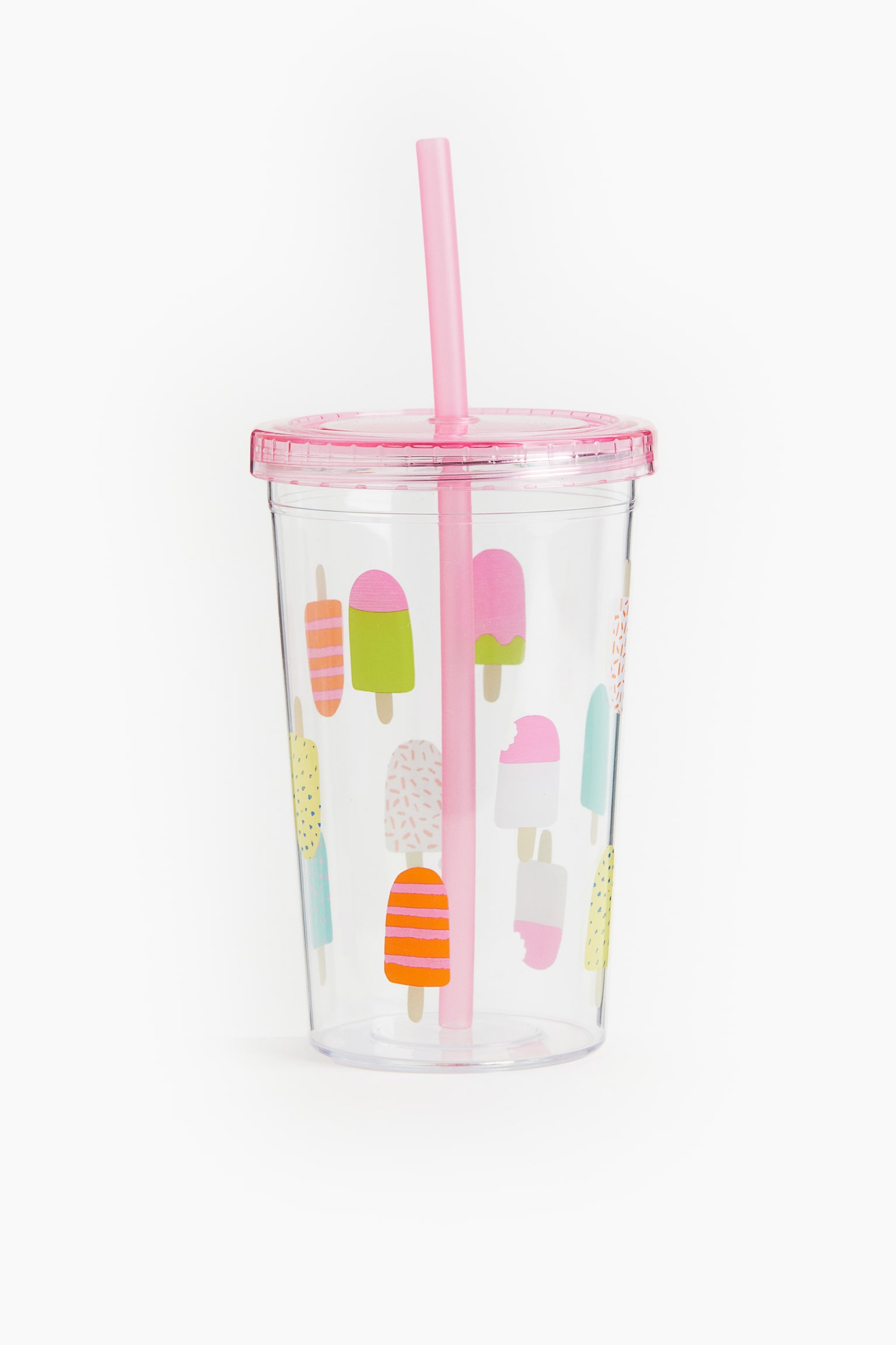 Patterned plastic mug with a straw - Pink/Ice Cream/Light green/Dinosaurs/Light turquoise/Vechicles - 1