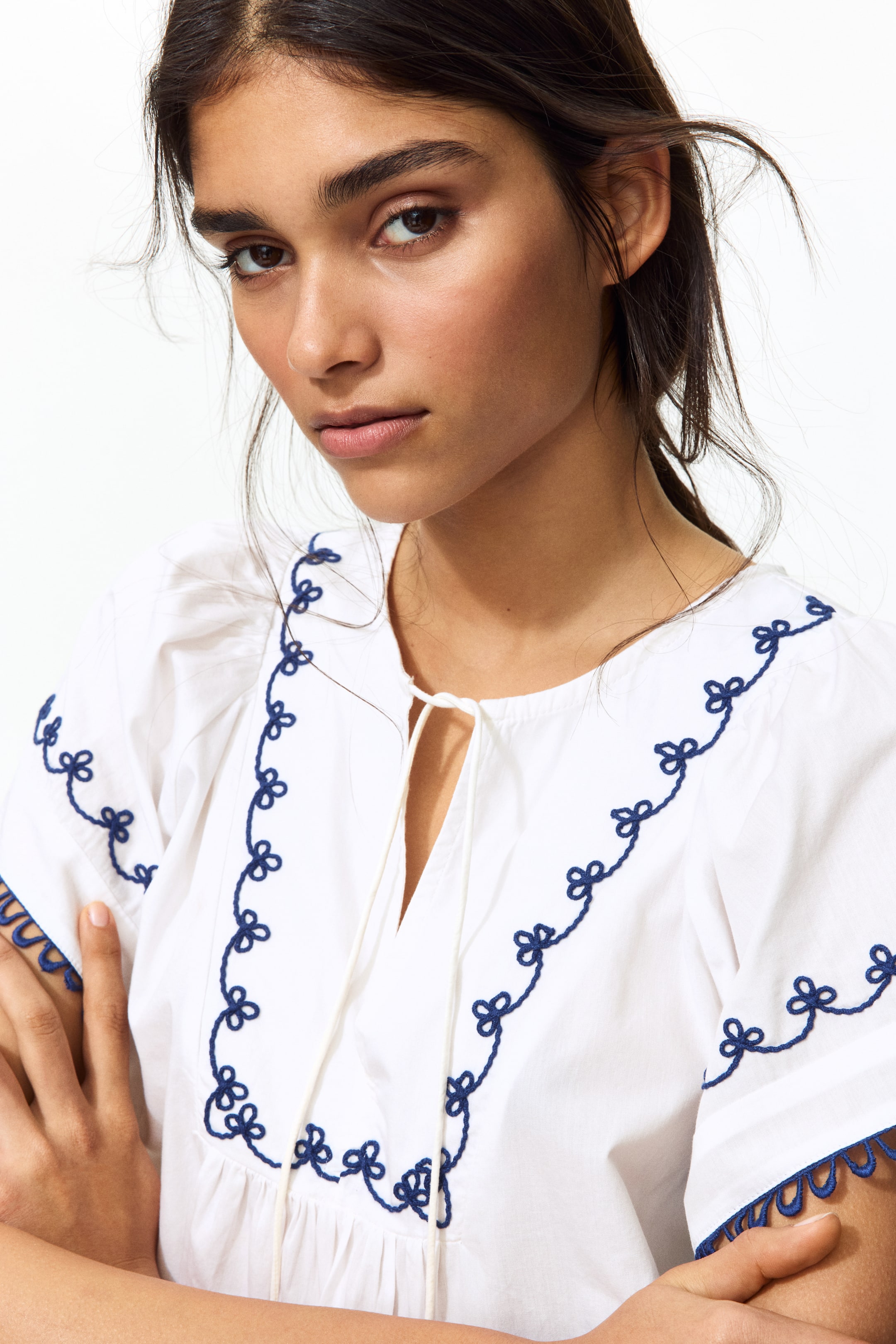 View larger image: Embroidered cotton blouse - White/Blue - Ladies | H&M IN 1