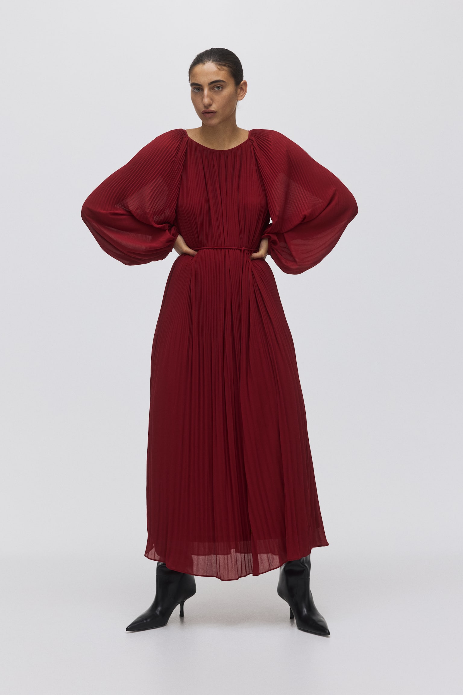 Long plissé dress - Dark red/Black - 3
