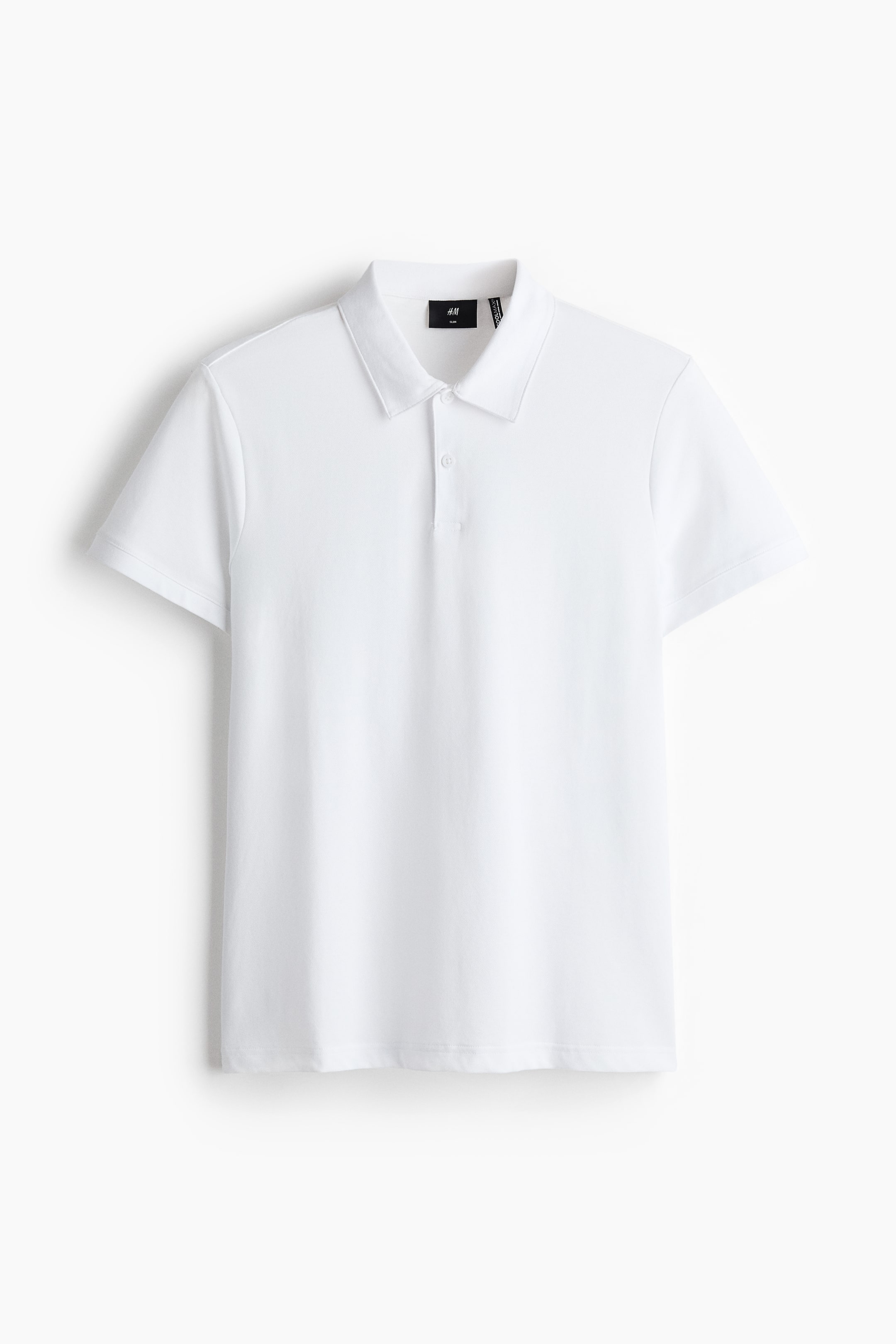 View larger image: A white polo shirt is shown from the front, featuring a classic collar and a two-button placket. Short sleeves extend from the shoulders, and a black brand label is visible on the inside of the collar.