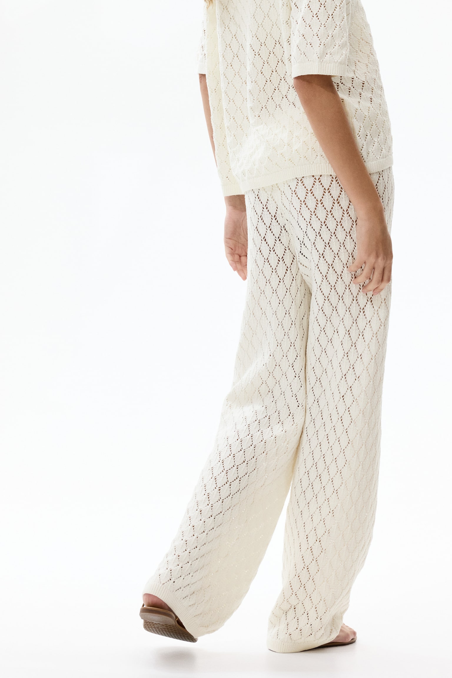 Pantaloni tricotați cu model pointelle - Crem - 6