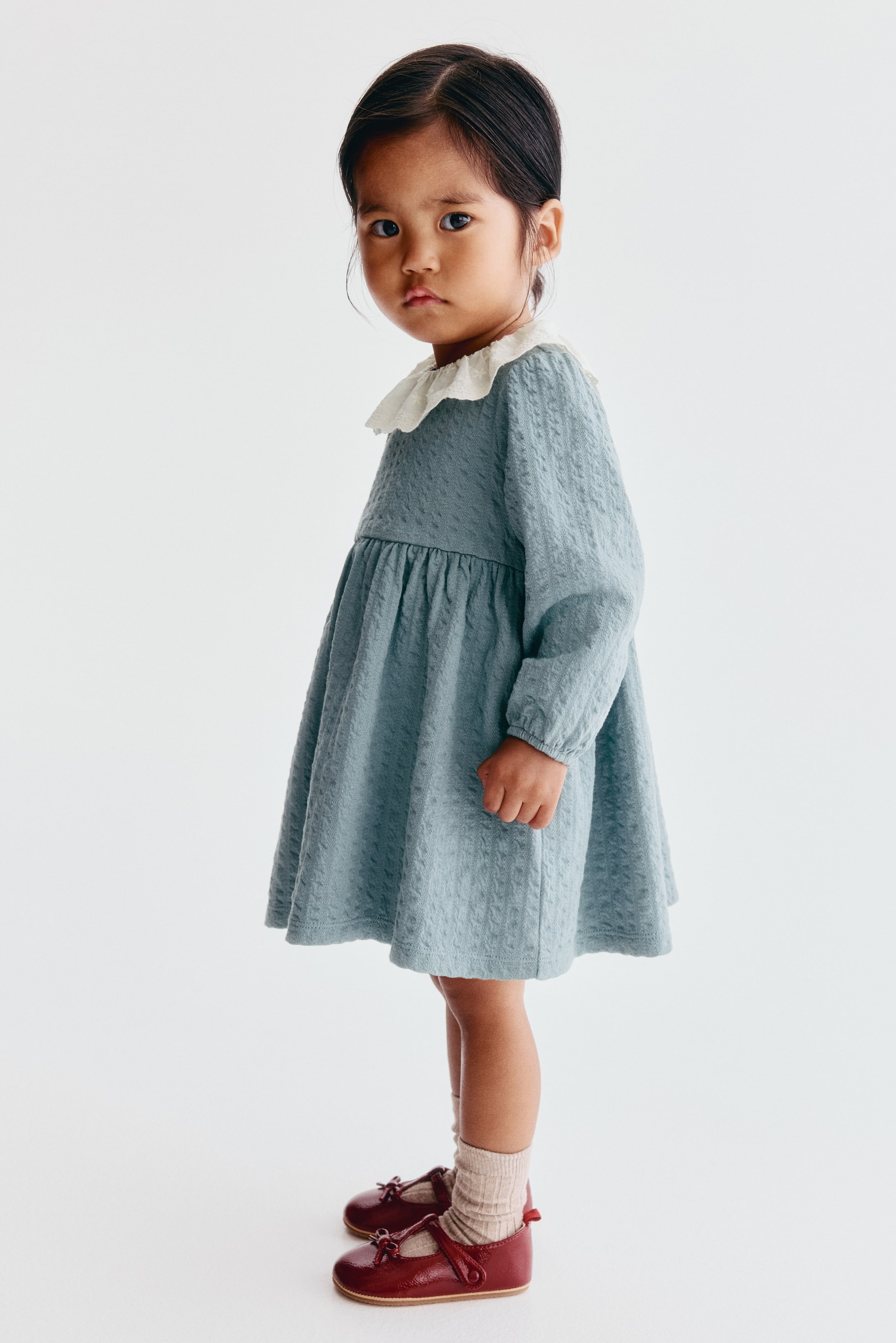 Textured Cotton Dress with Lace Collar