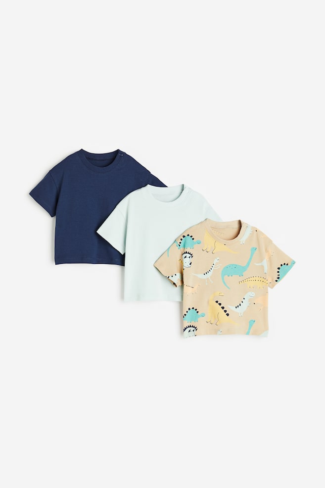 3-pak T-shirt - Beige/Dinosaurer/Blå/Mønstret/Hvid/Stribet/Hvid/Frugter/dc - 1