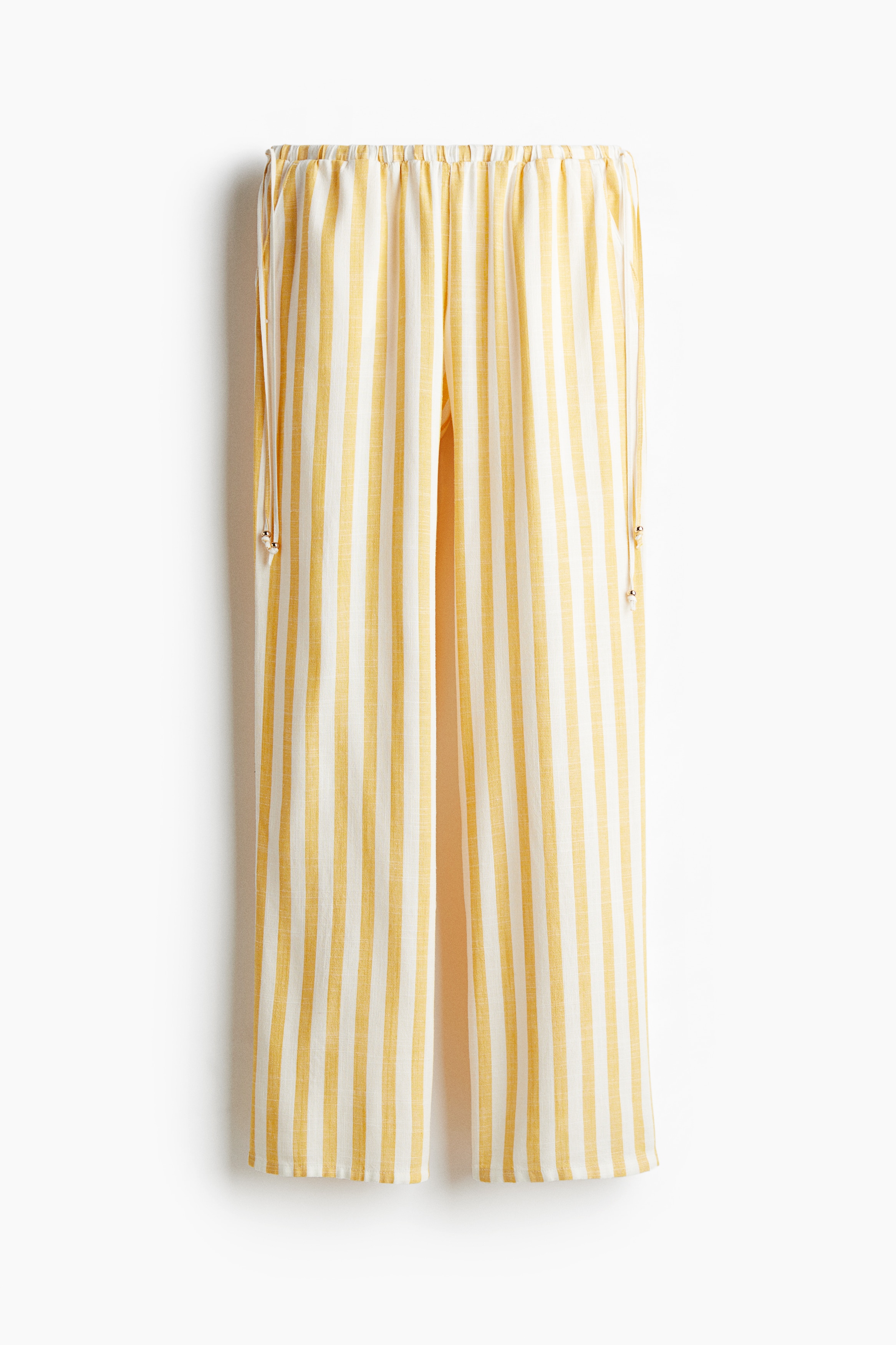 Calças largas com cordões de ajuste - Amarelo/Riscas/Branco