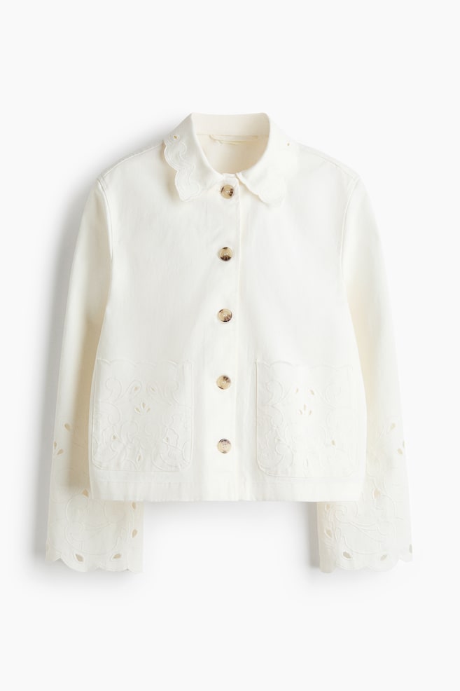 Veste en twill avec broderie anglaise - Crème/Marron foncé - 1