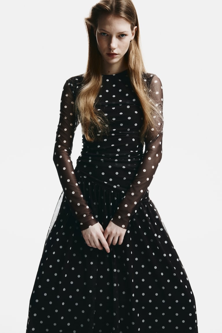 Women's Dark brown/polka dot Draped Mesh Dress | H&M US