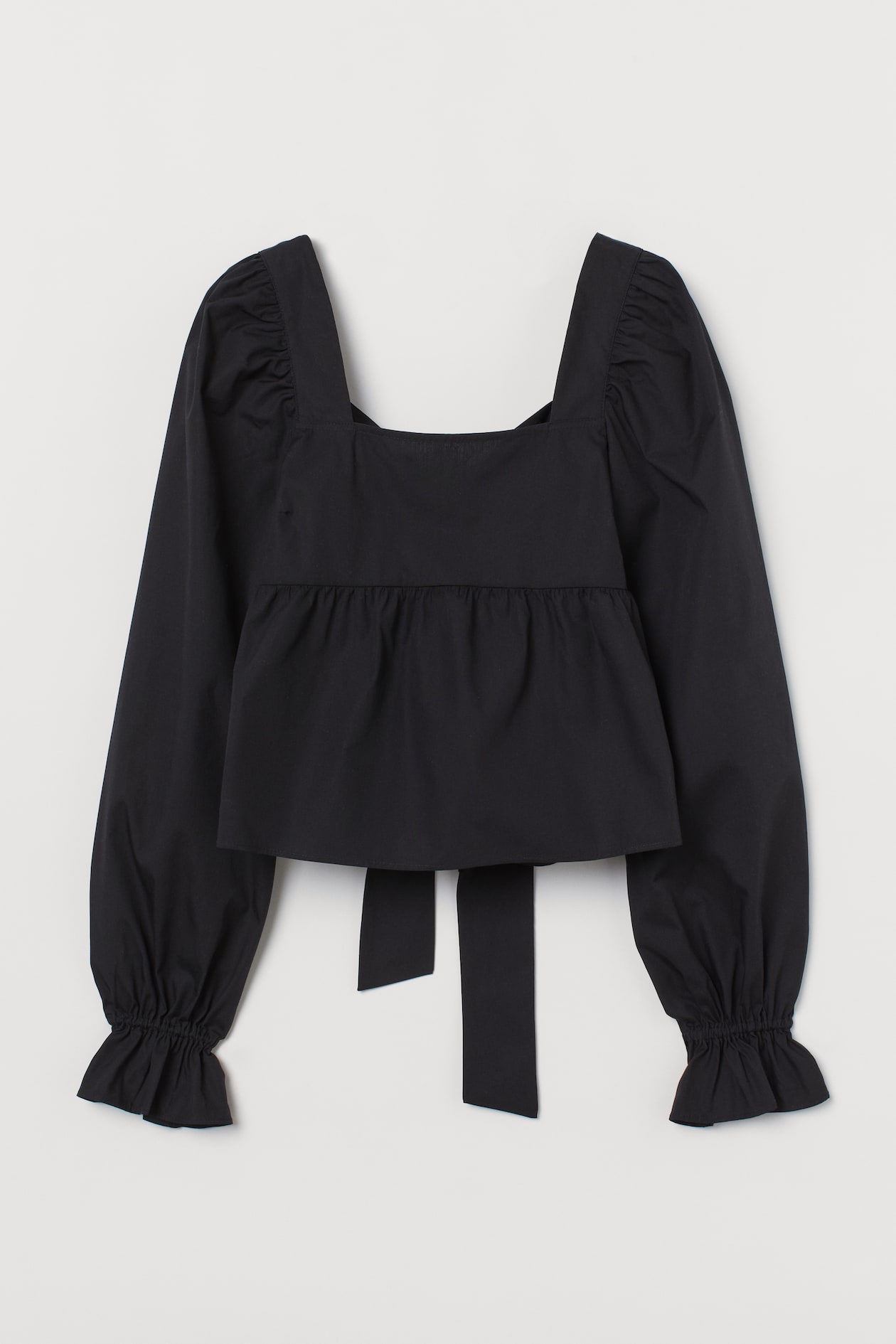 Bow-back Cotton Blouse - Square Neckline - Long sleeve - Black - Ladies ...