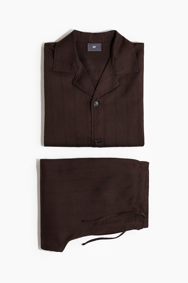 Lyocell pyjama shirt and bottoms - Dark brown/Striped/Navy blue/Striped - 1