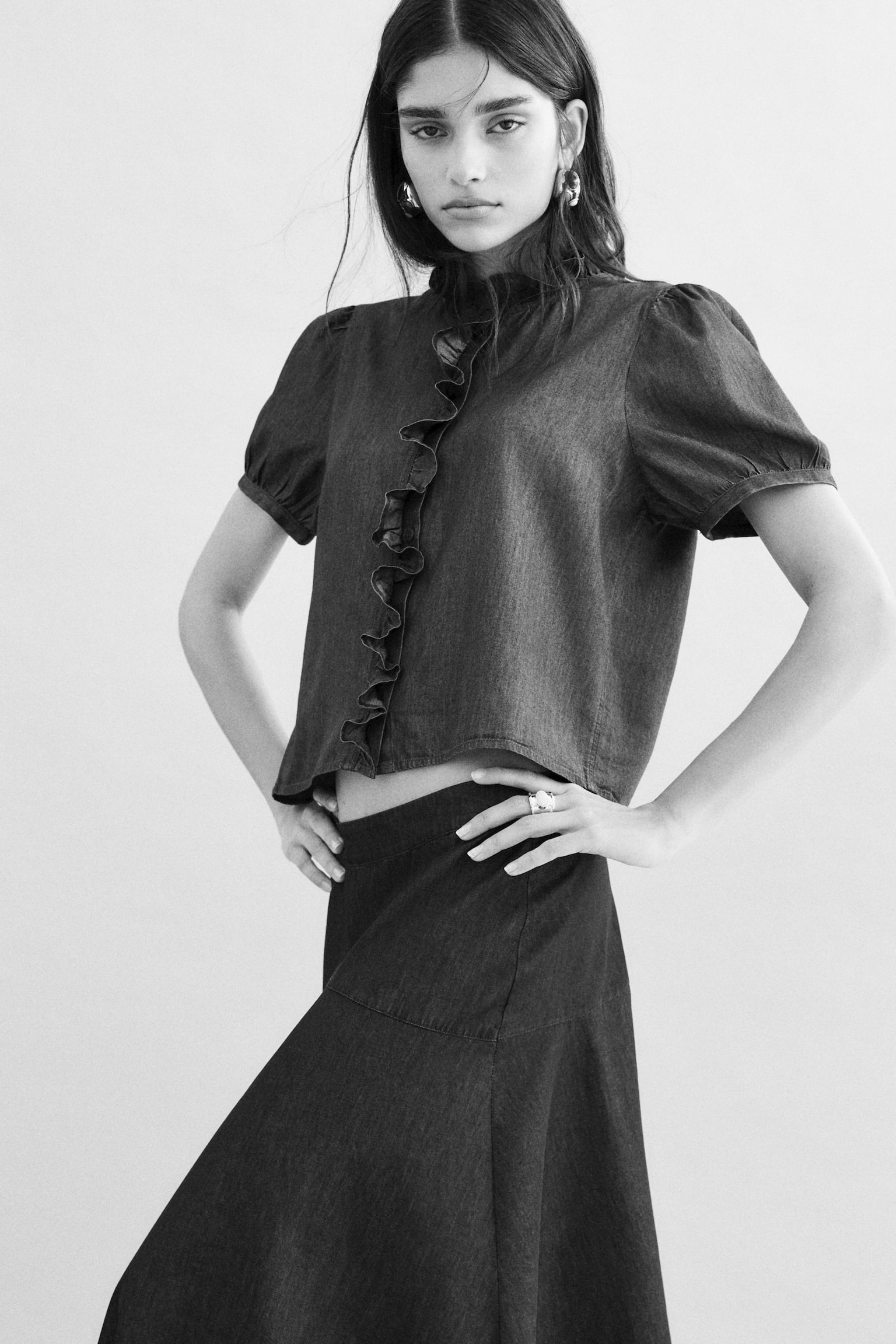 Frill-trimmed denim blouse - Dark denim blue - 3