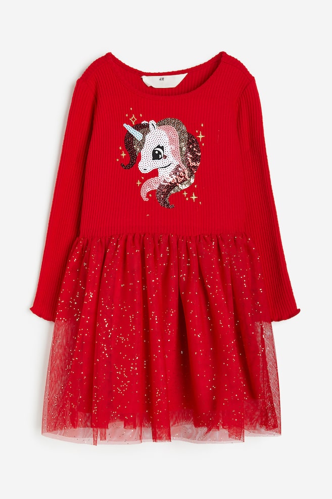 Sequin-motif tulle-skirt dress - Red/Unicorn/Black/Cat - 1