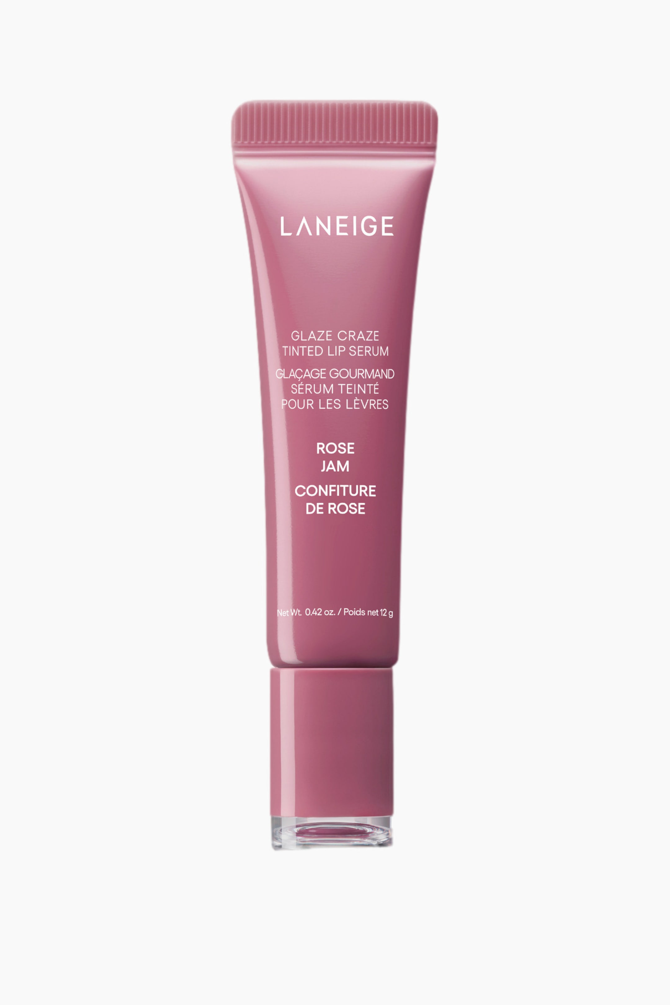 Vis større bilde: Laneige Glaze Craze Tinted Lip Serum i Rose Jam står oppreist, vendt fremover. Den viser en myk rosapink farge, med en rillet kork og en klar base.