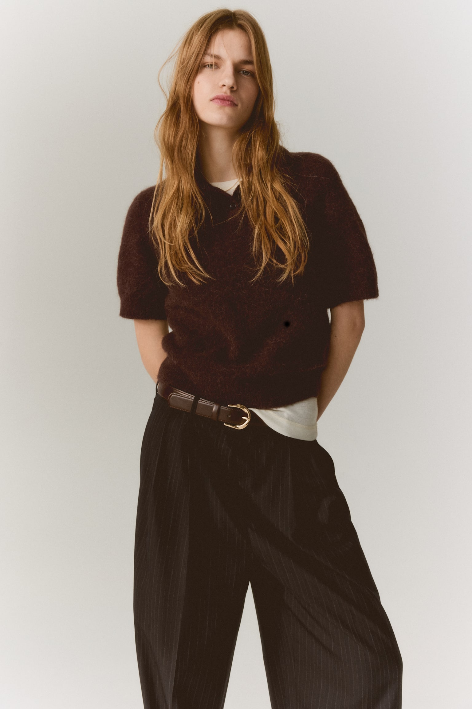 Alpaca-blend polo shirt - Dark brown/Light beige/Dark grey marl - 1