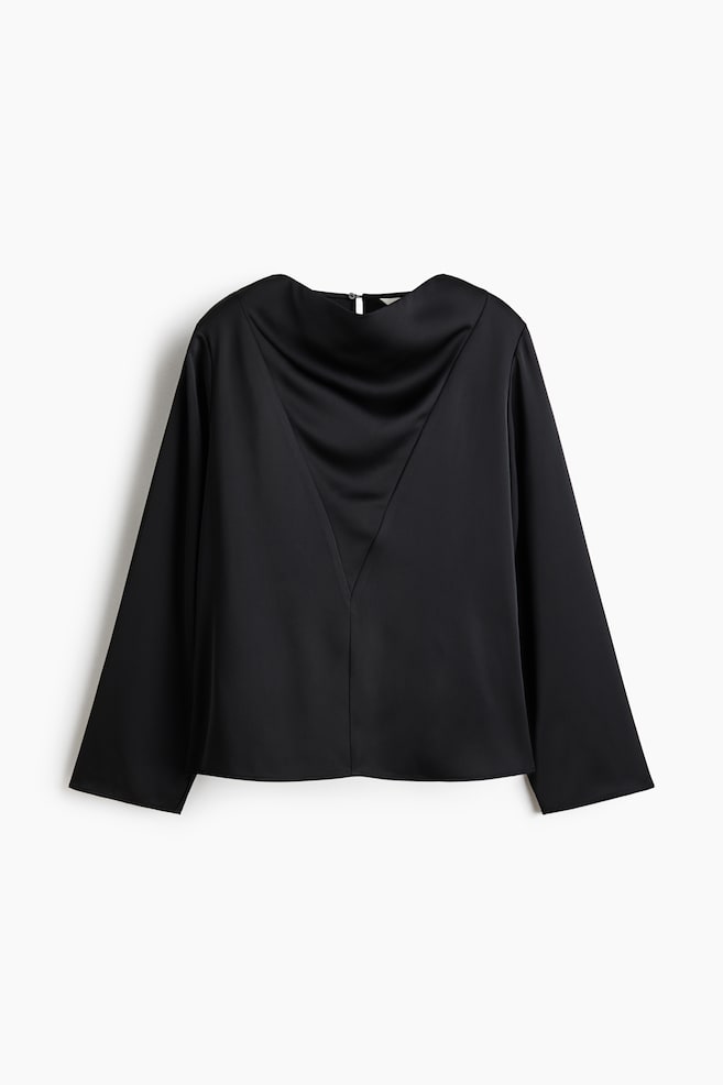 Blusa em cetim com decote drapeado - Preto/Marfim - 1