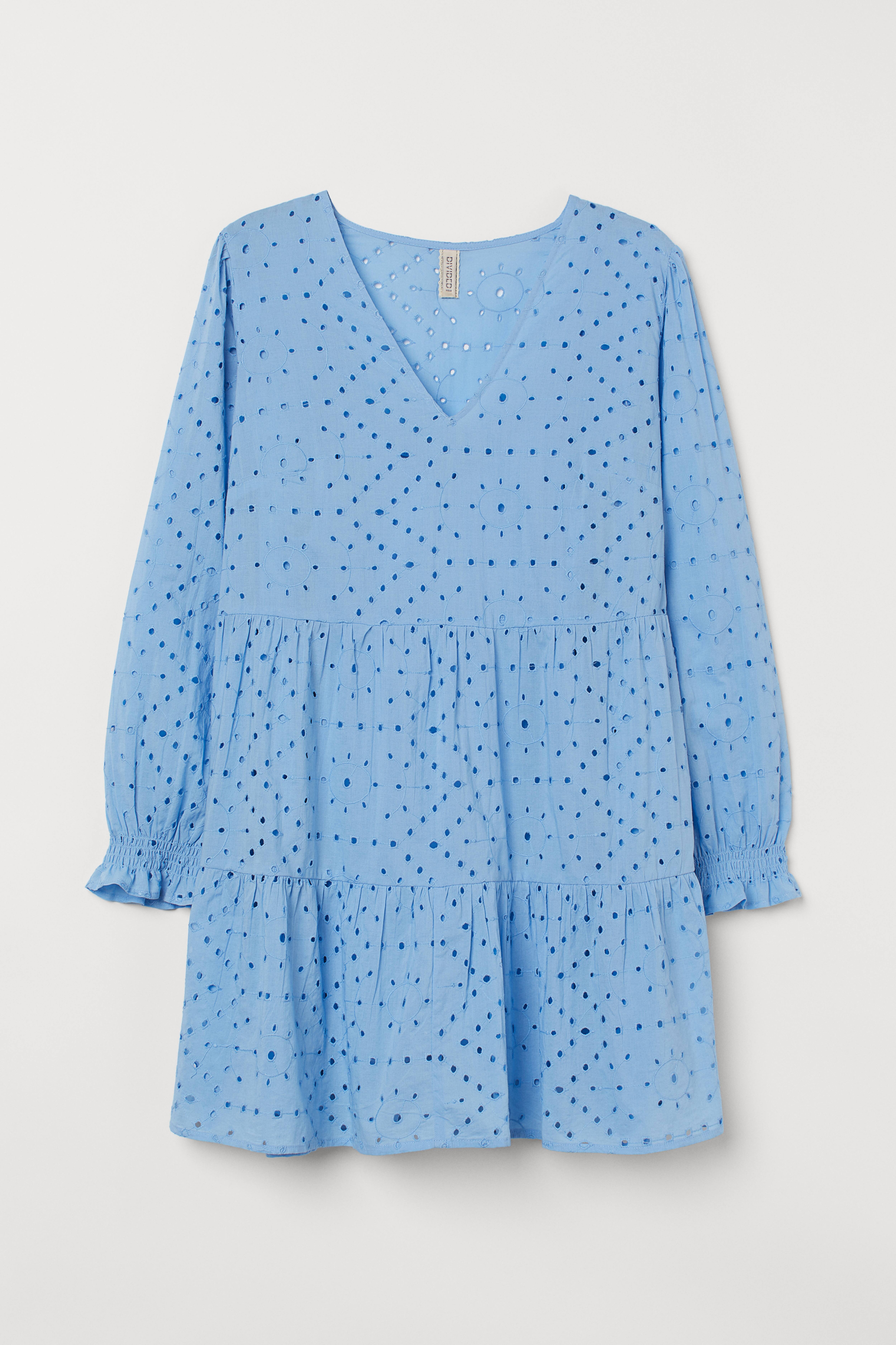 H&M+ Eyelet Embroidery Dress - V-neck - Long sleeve - Light blue - Ladies |  H&M US