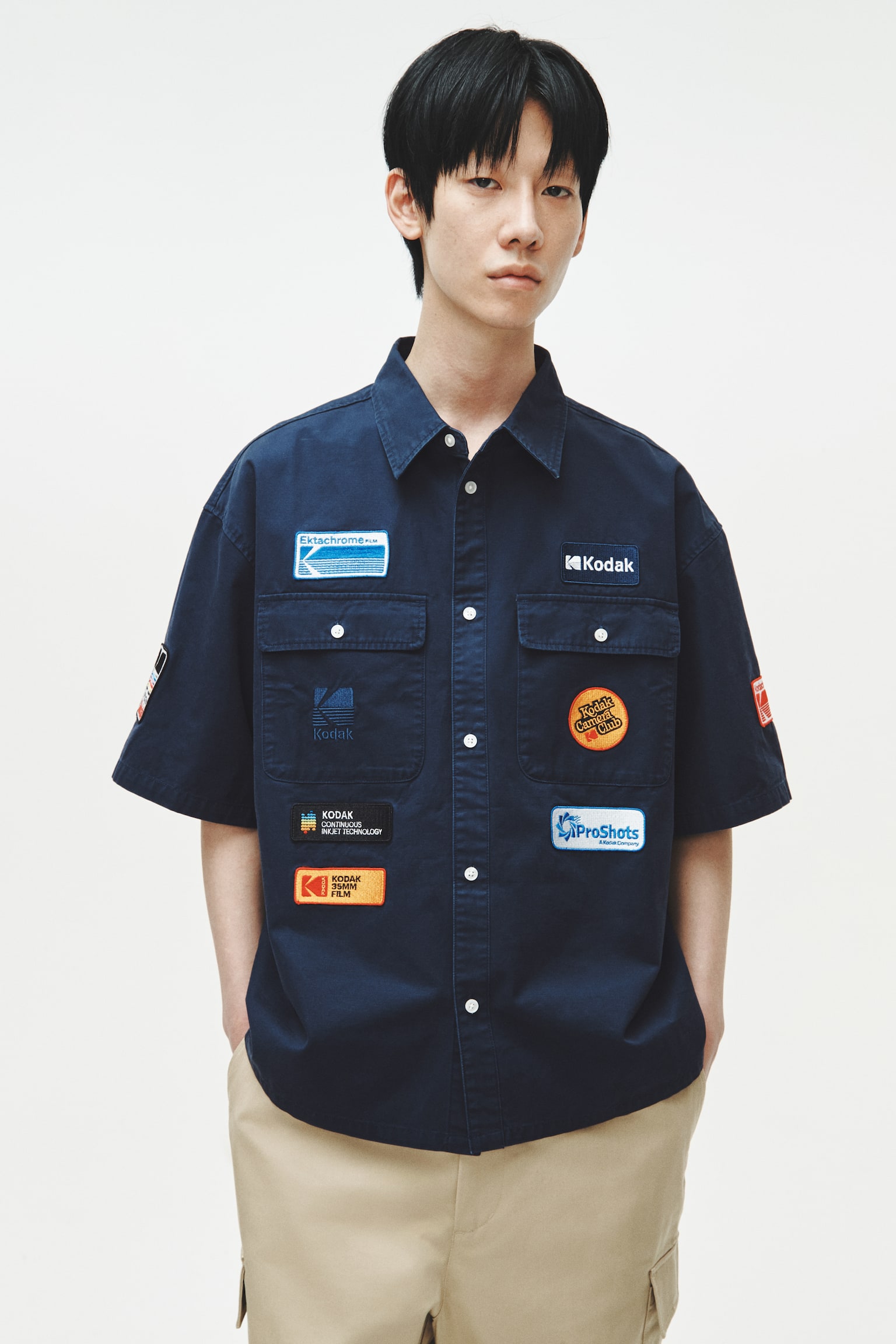 Loose Fit Appliquéd cotton denim shirt-Dark blue/Kodak - 3