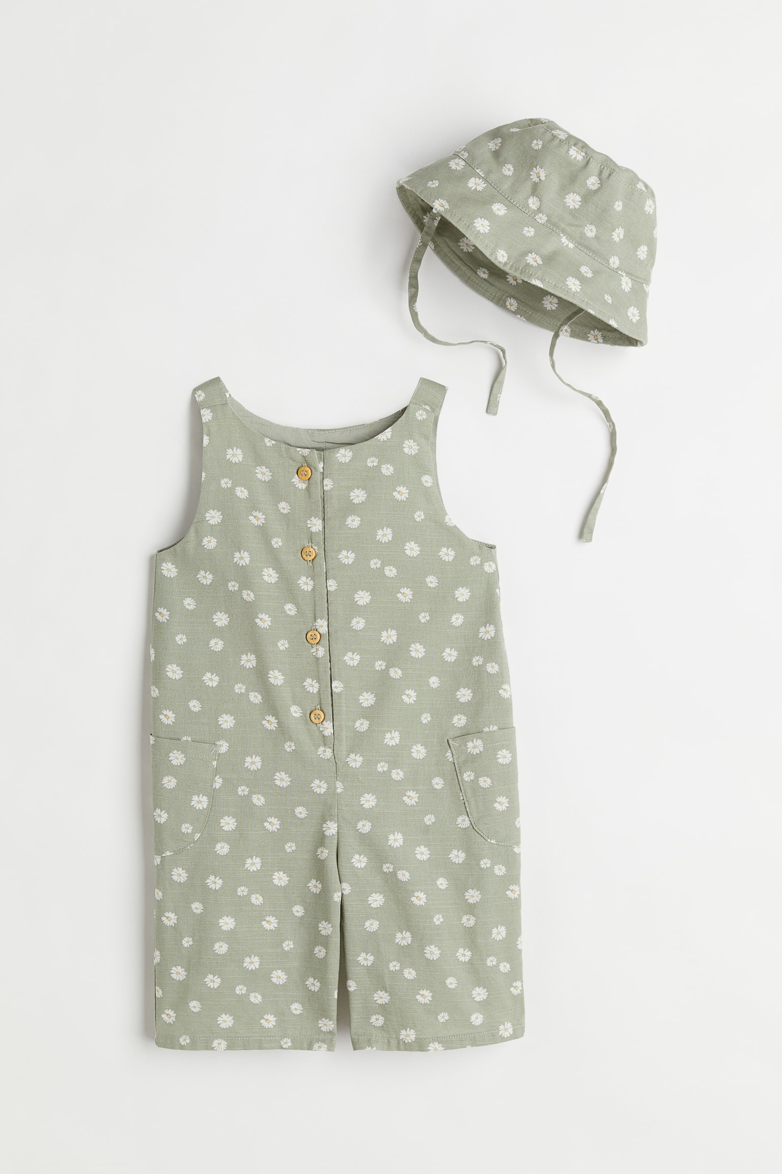 2-piece Cotton Set - Light khaki green/floral