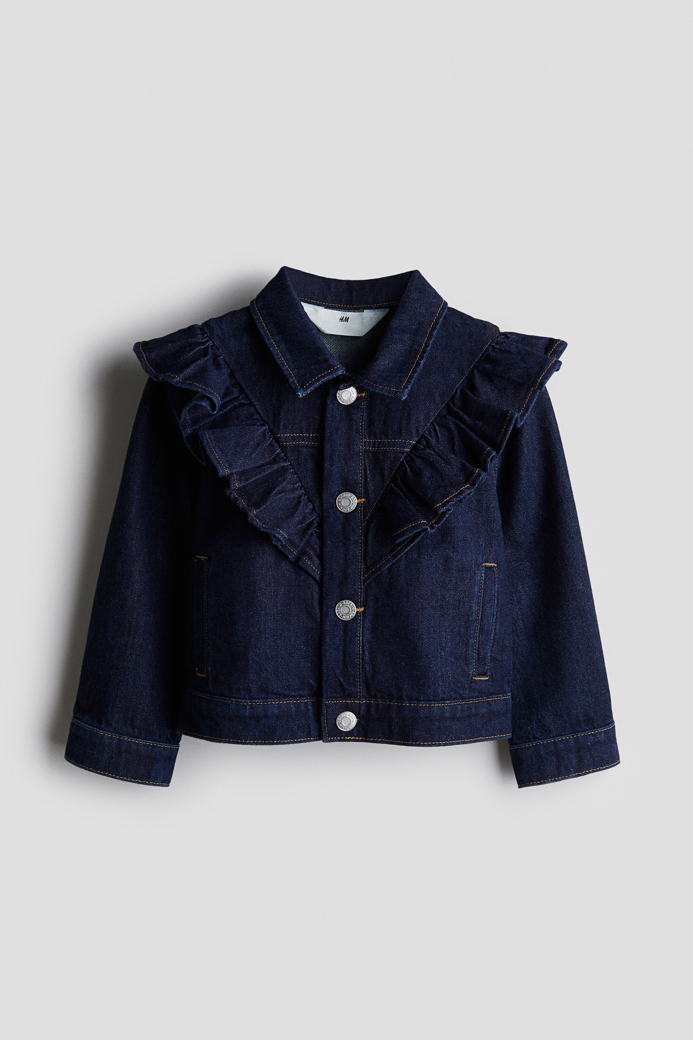 Flounce Trim Denim Jacket - Dark denim blue