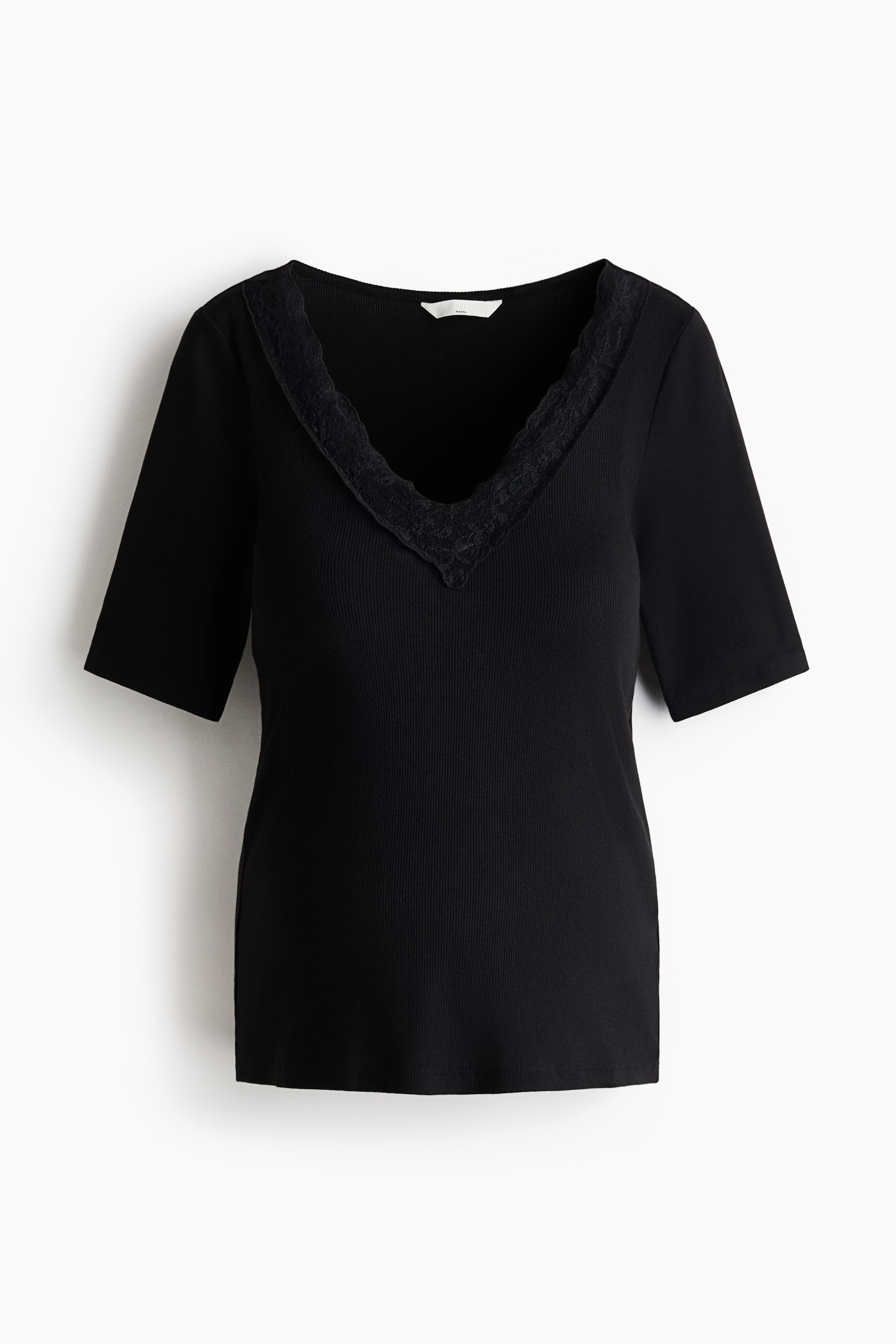View larger image: The black top showcases a ribbed texture, featuring a deep V-neckline adorned with black lace trim and short sleeves. The front is facing forward.