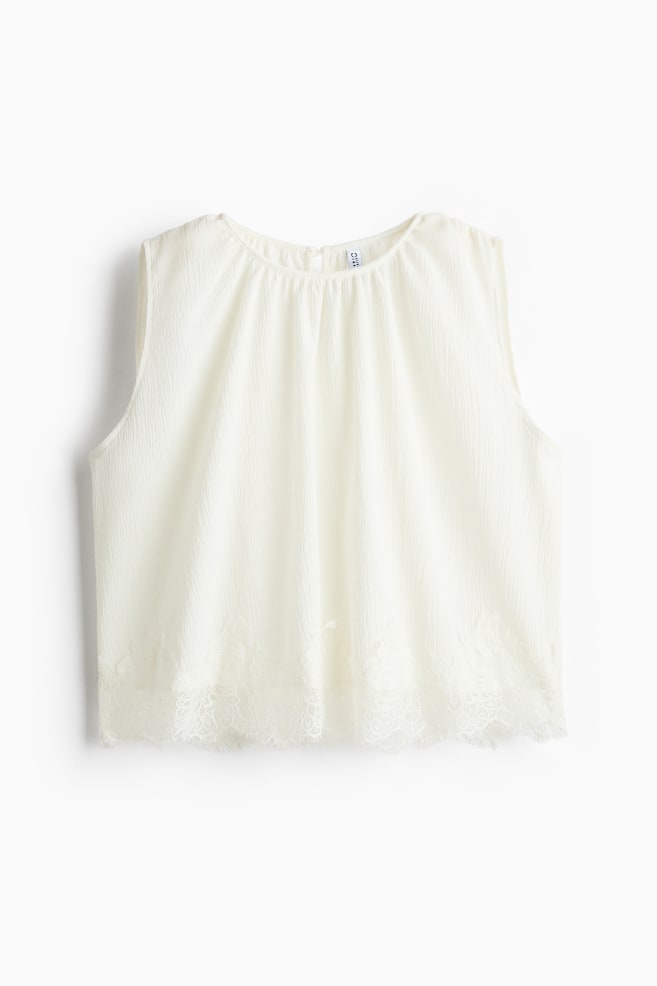 Crinkled Lace-trimmed Top - White - 1