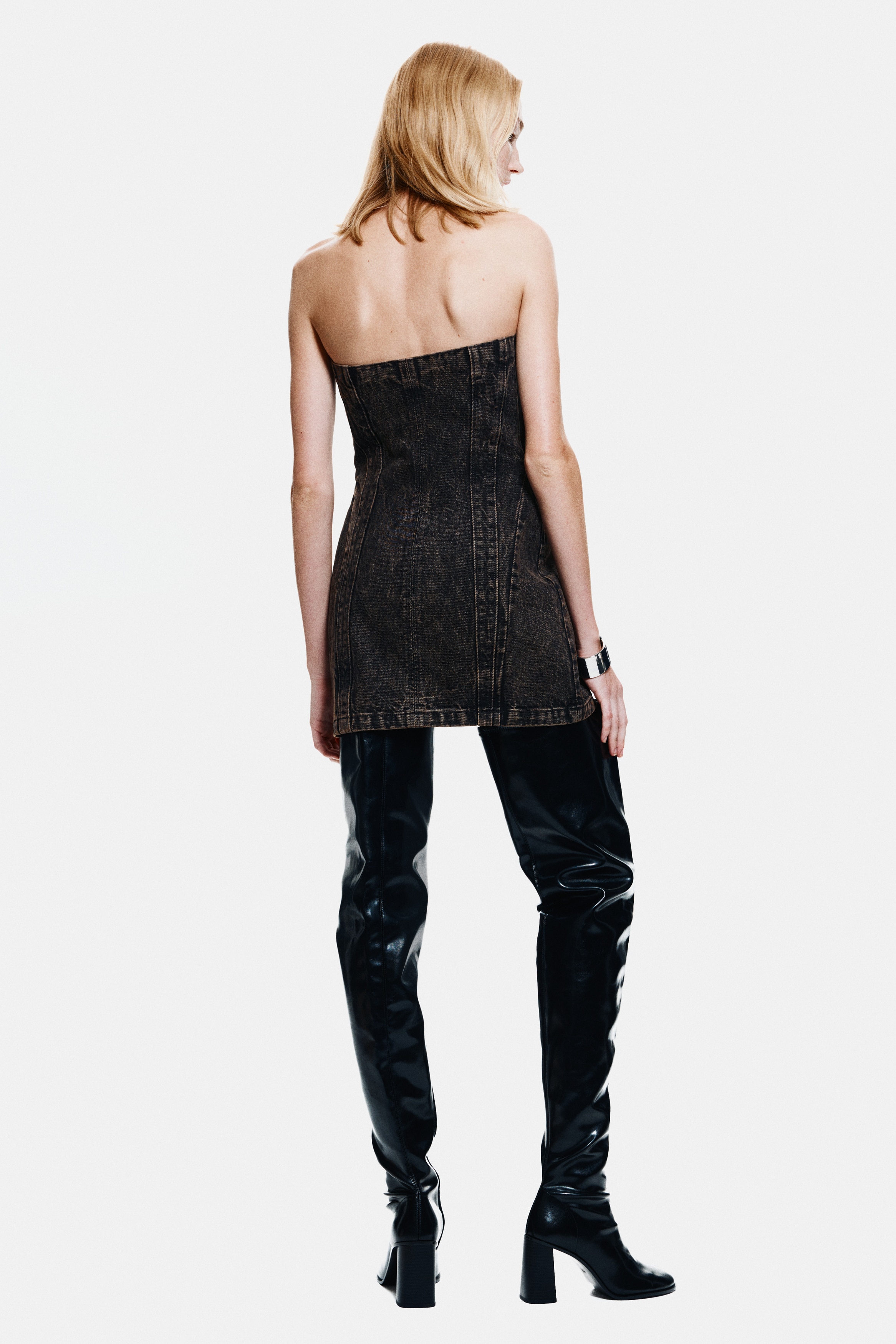 black fishtail dress long sleeve Jil Sander Vintage Silk Black Strapless Midi Dress