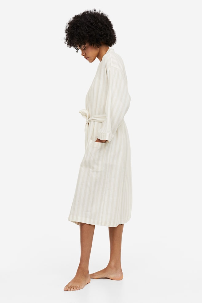 Linen-blend dressing gown - Light beige/Striped - 3