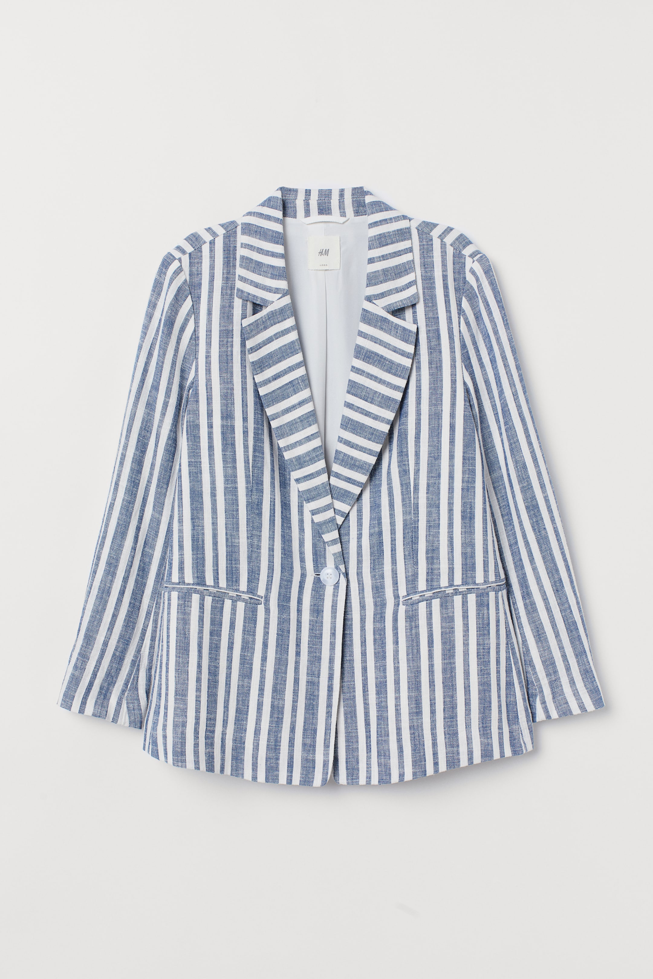 Linen-blend jacket Dark blue/Striped Ladies H&M