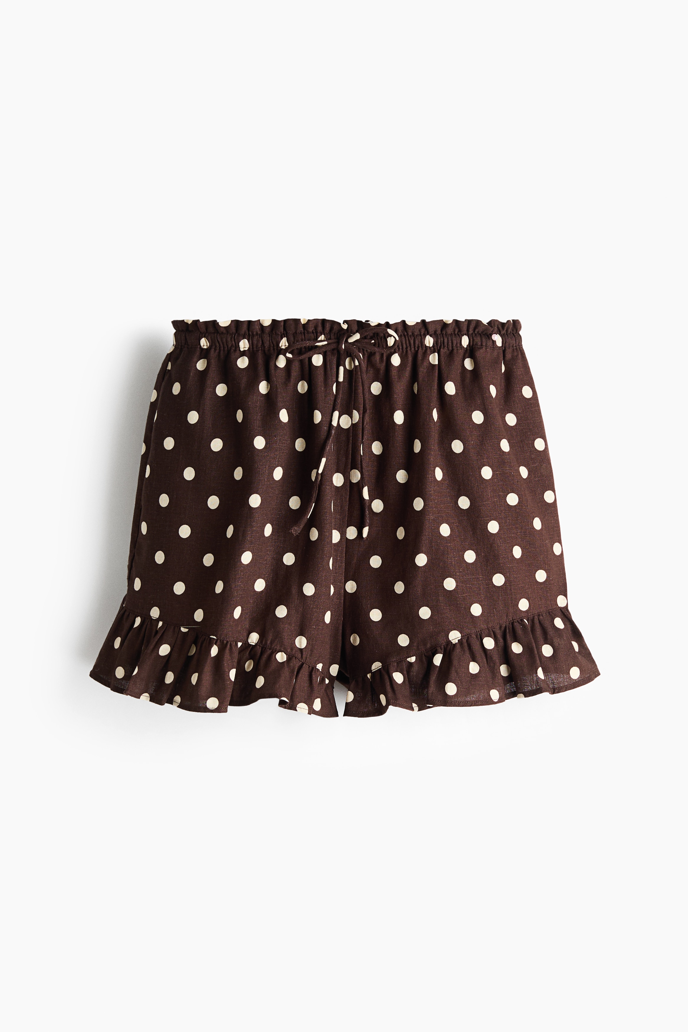 Linen-Blend Drawstring Shorts - Dark brown/polka dot
