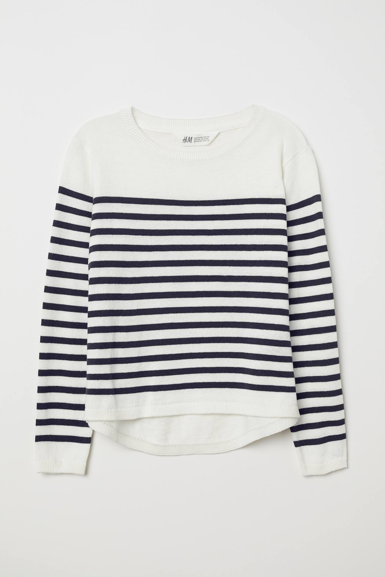 Fine-knit Cotton Sweater - Long sleeve - Natural white/blue striped ...