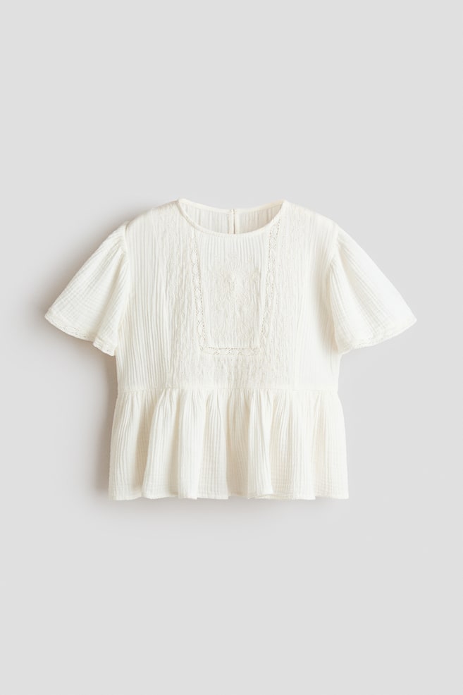 Top en mousseline avec broderie anglaise - Crème/Bleu clair - 1