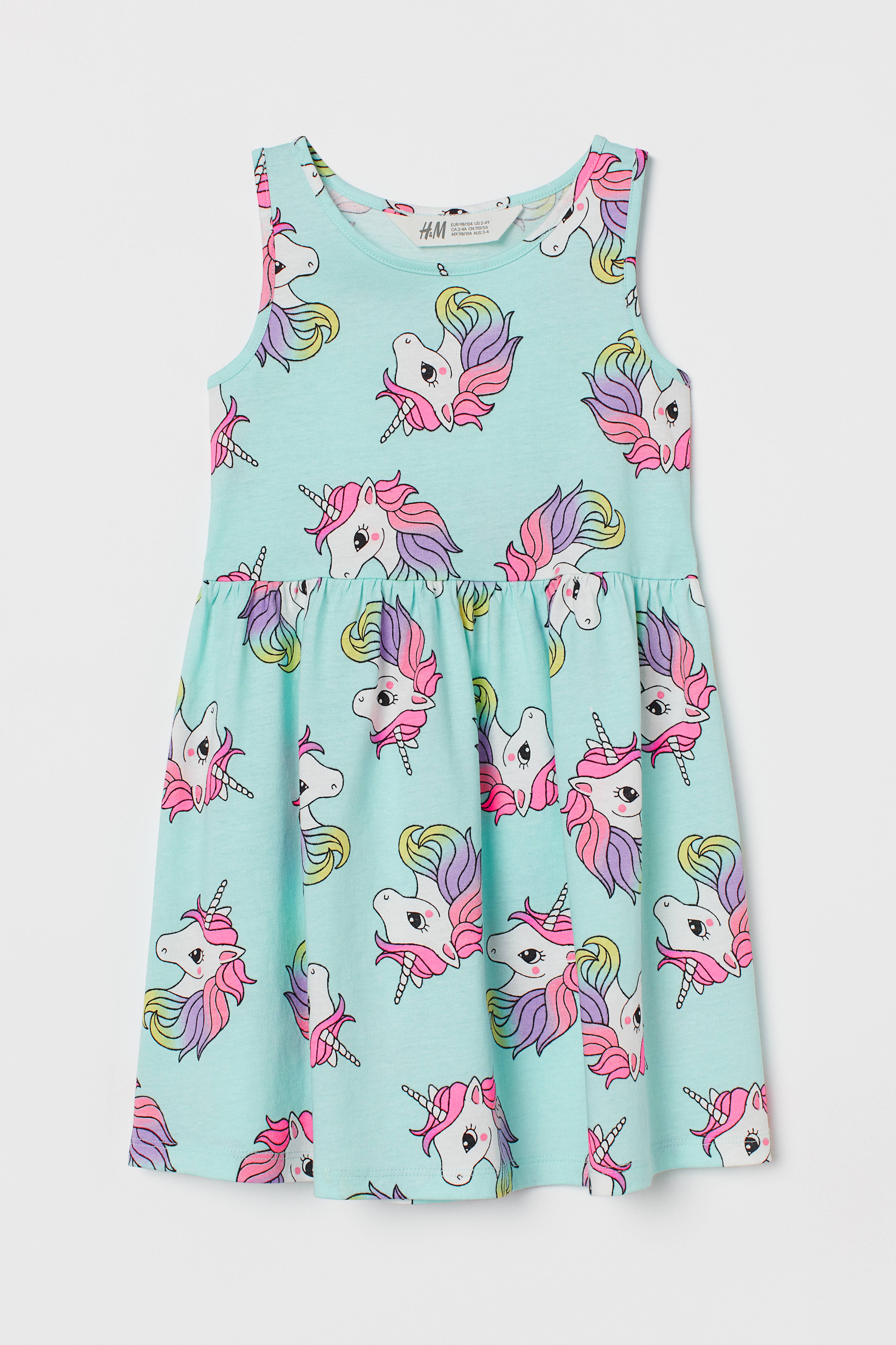 Patterned Jersey Dress - Round Neck - Sleeveless - Mint green/unicorns -  Kids | H&M US