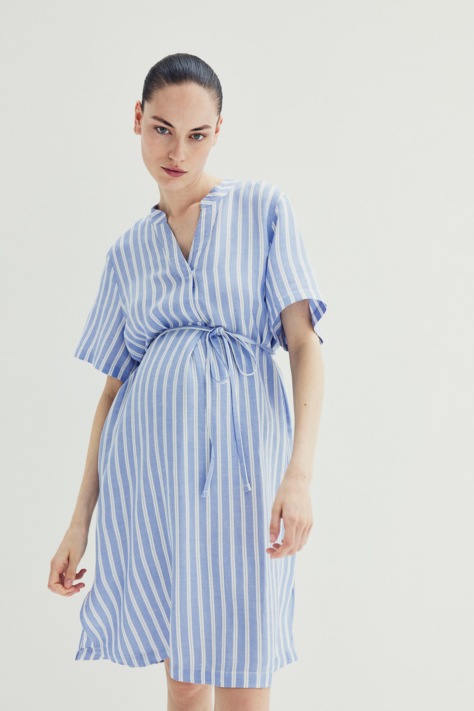 MAMA Linen Blend Tunic Dress - Blue/Stripe/White - 3